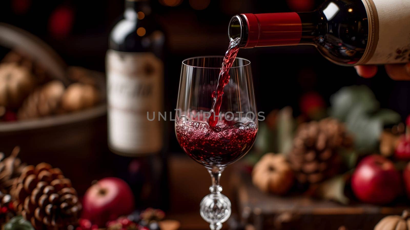 A wine bottle, with its elegant shape and deep red liquid inside, is being poured into a crystal glass, ready to be enjoyed during a romantic dinner. Neural network generated image. Not based on any actual scene or pattern.
