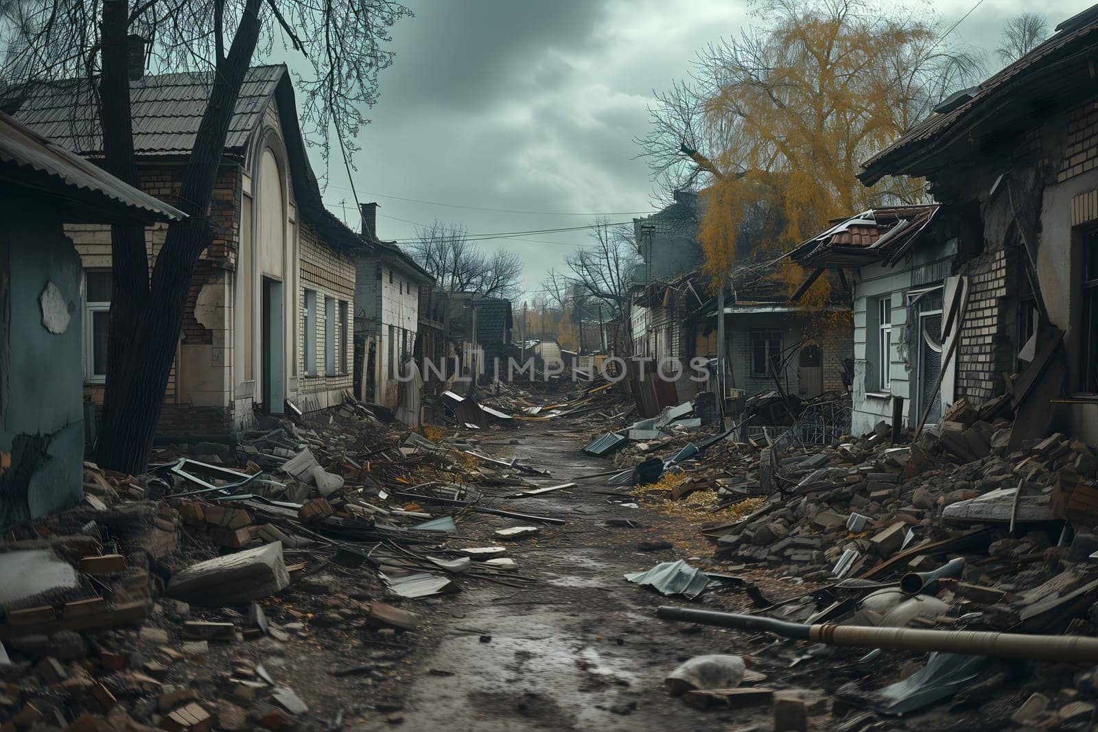 Ruined houses street after war. Neural network generated image. Not based on any actual scene or pattern.