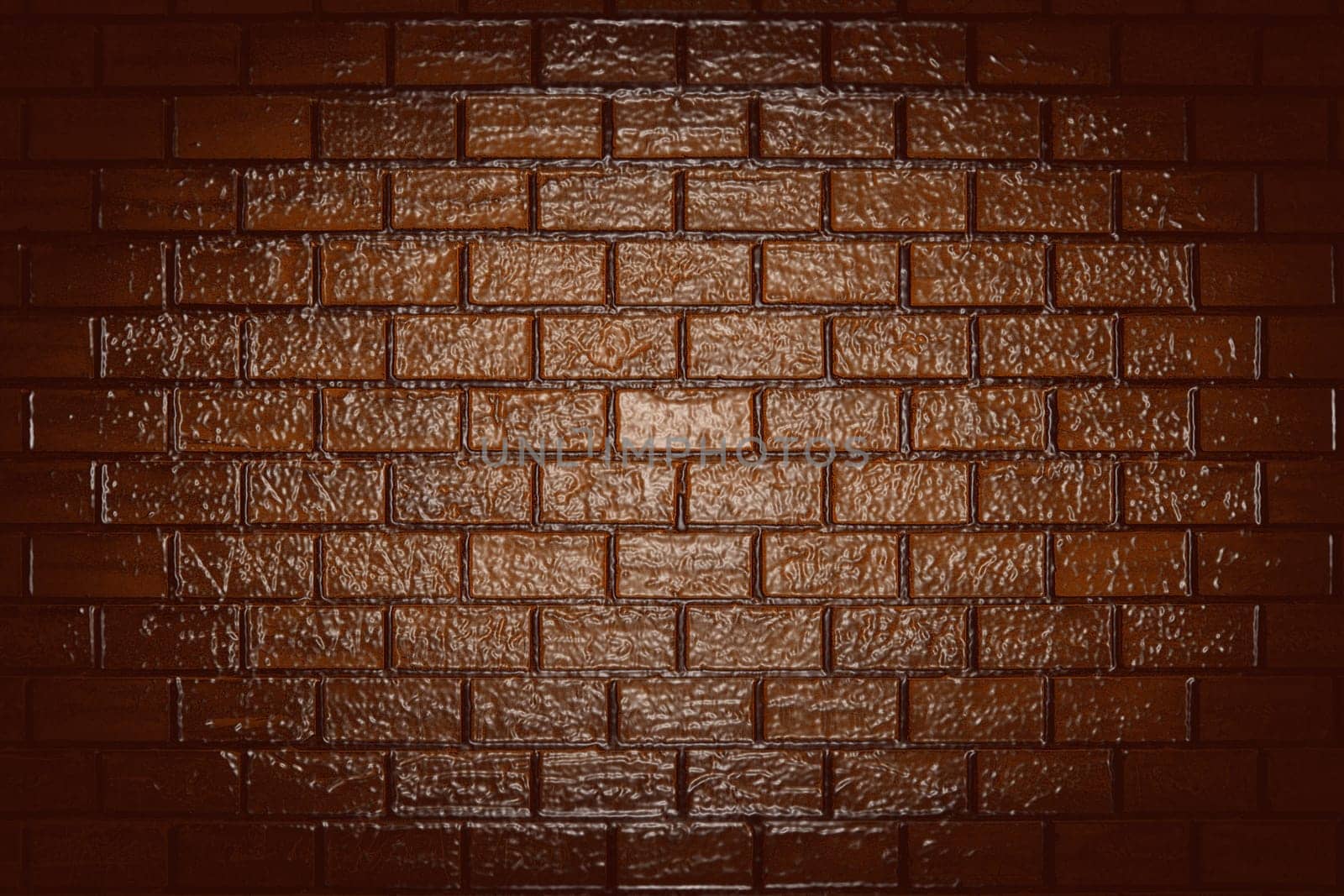 A rough glossy brown brick wall with a backlight in the center and shadow around the edges. Texture or background