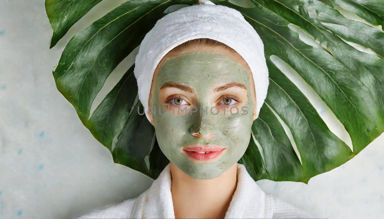 Skin care. Cheerful attractive caucasian female with clay mask on face and cucumber slices in hands against blue background getting beauty treatment. Spa concept with copy space