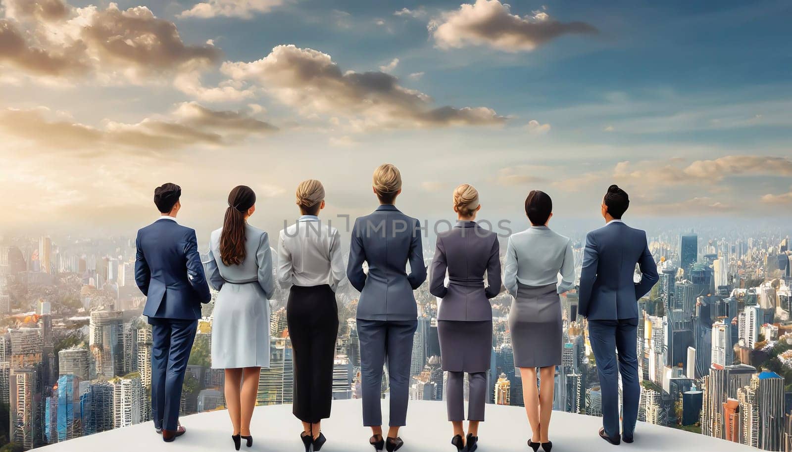Women and men stand together, backs turned, creating a visual of unity and solidarity against a simple white background