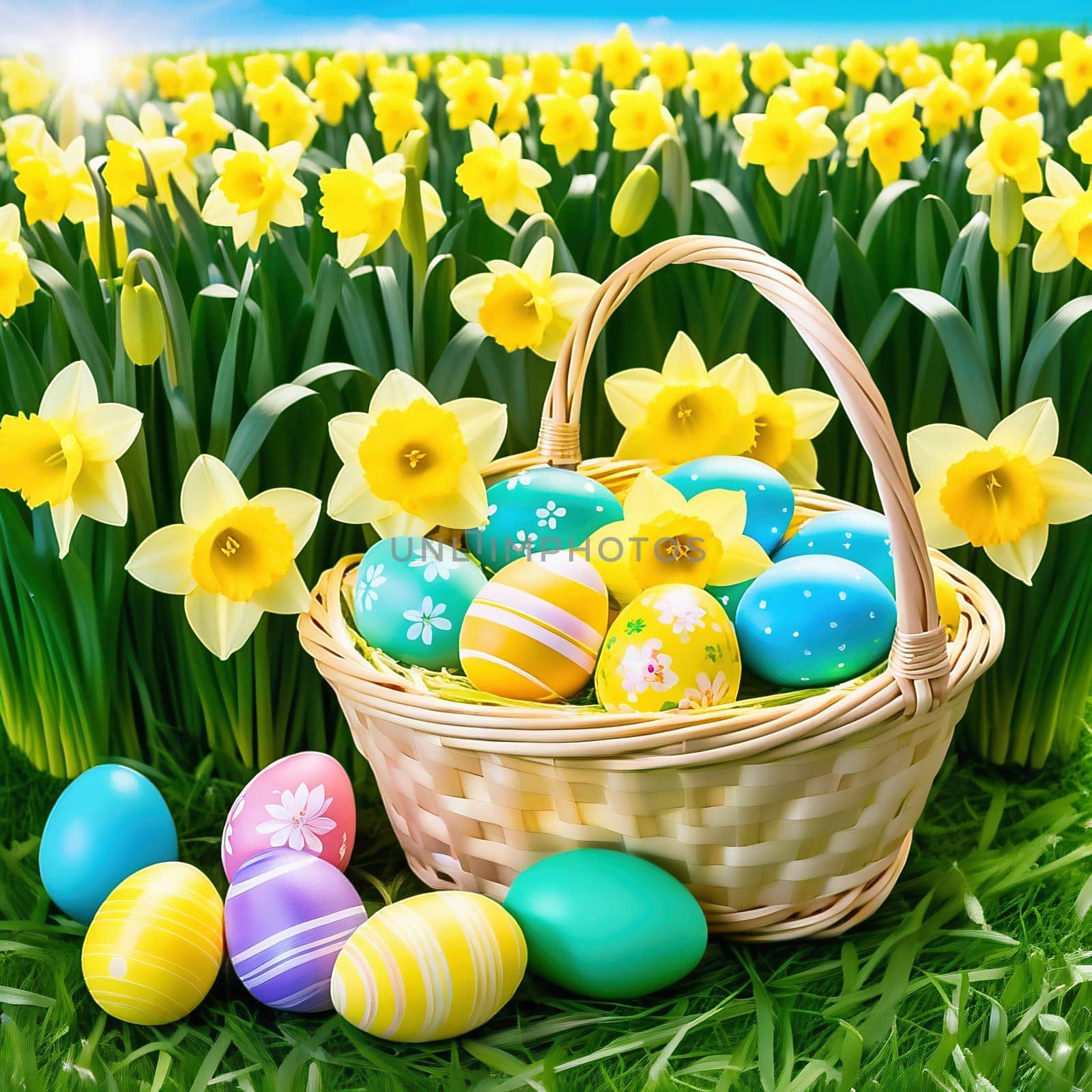 Easter basket with Easter eggs on a green meadow. Daffodils are blooming yellow. Easter generated with AI. Illustration