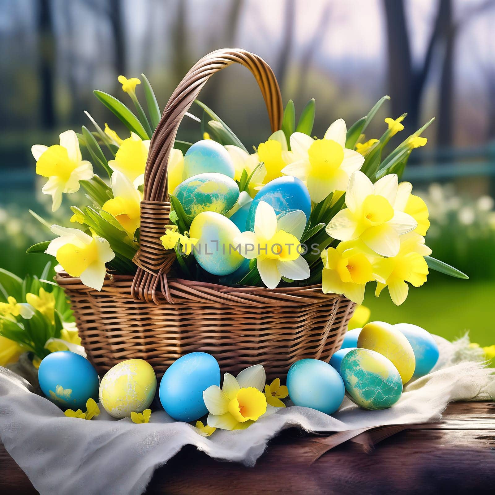 Easter basket with Easter eggs on a green meadow. Daffodils are blooming yellow. Easter generated with AI. Illustration