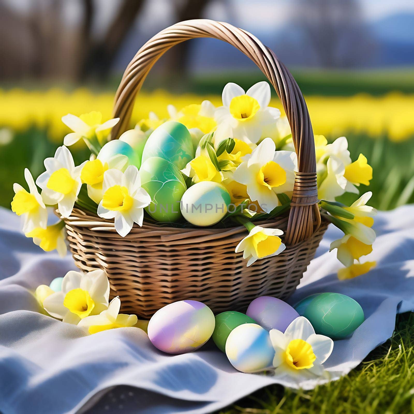 Easter basket with Easter eggs on a green meadow. Daffodils are blooming yellow. Easter generated with AI. Illustration