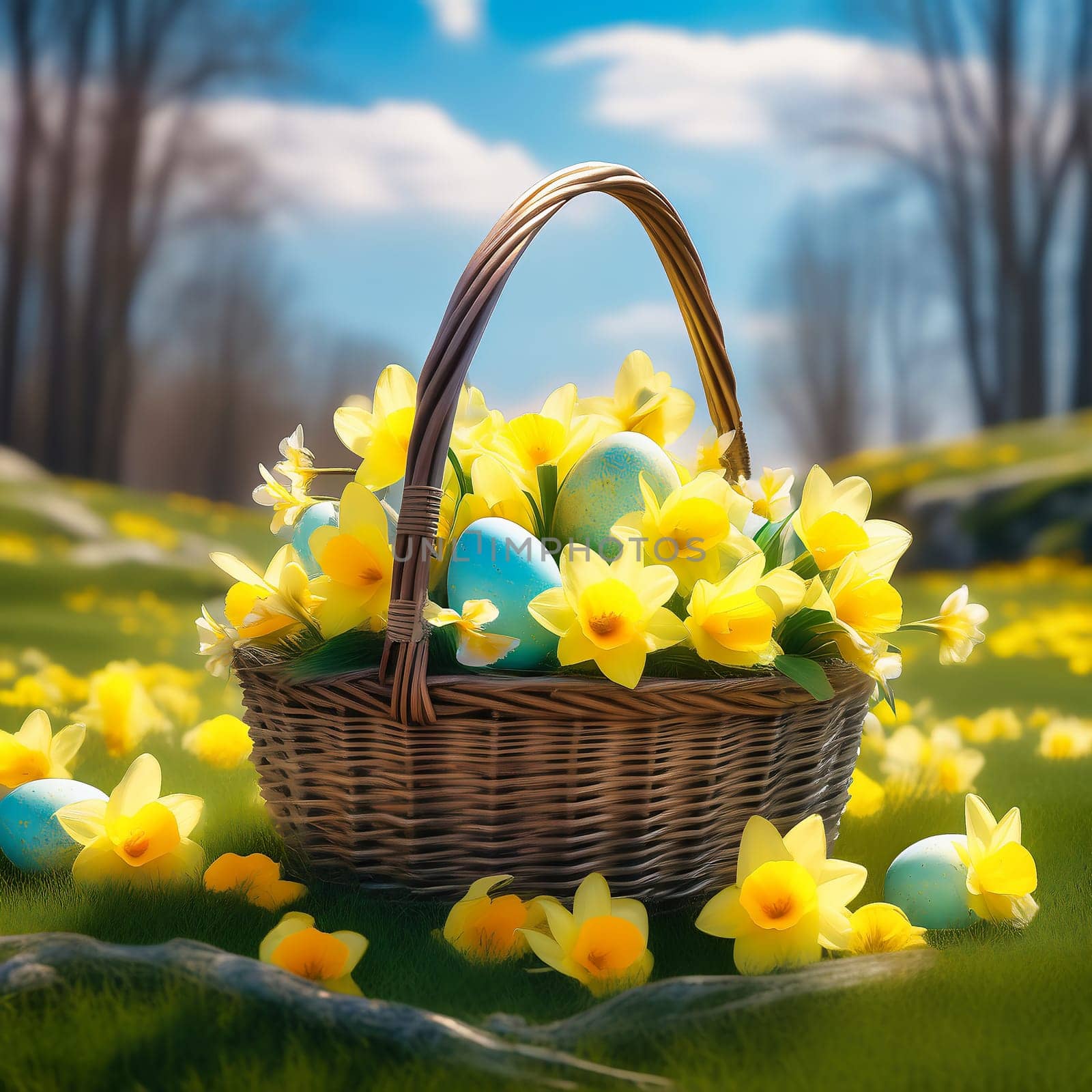 Easter basket with Easter eggs on a green meadow. Daffodils are blooming yellow. Easter generated with AI. Illustration