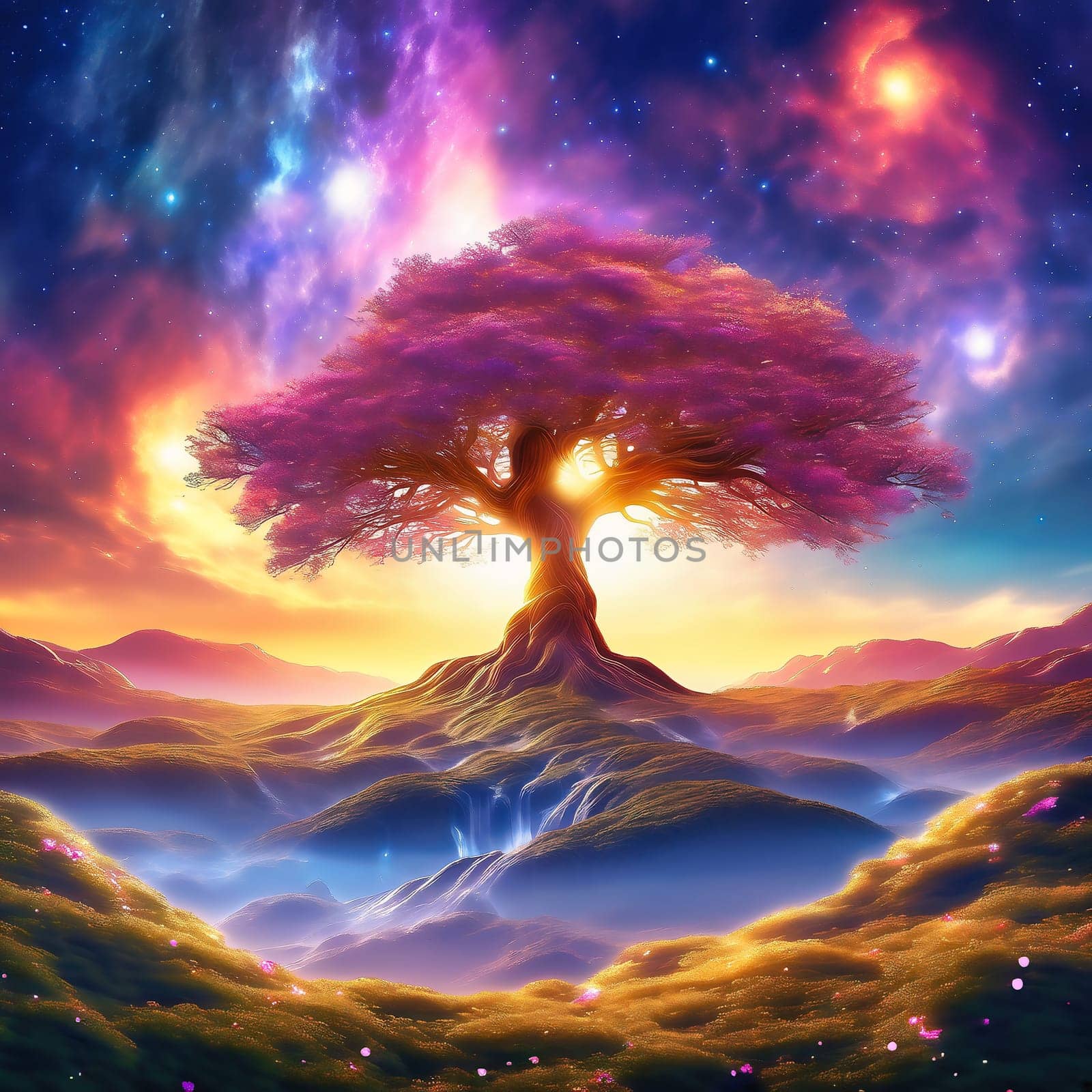 Fantasy tree in front of a starry sky with colorful clouds in the universe. AI generated image. Bright colors with old tree on a hill.