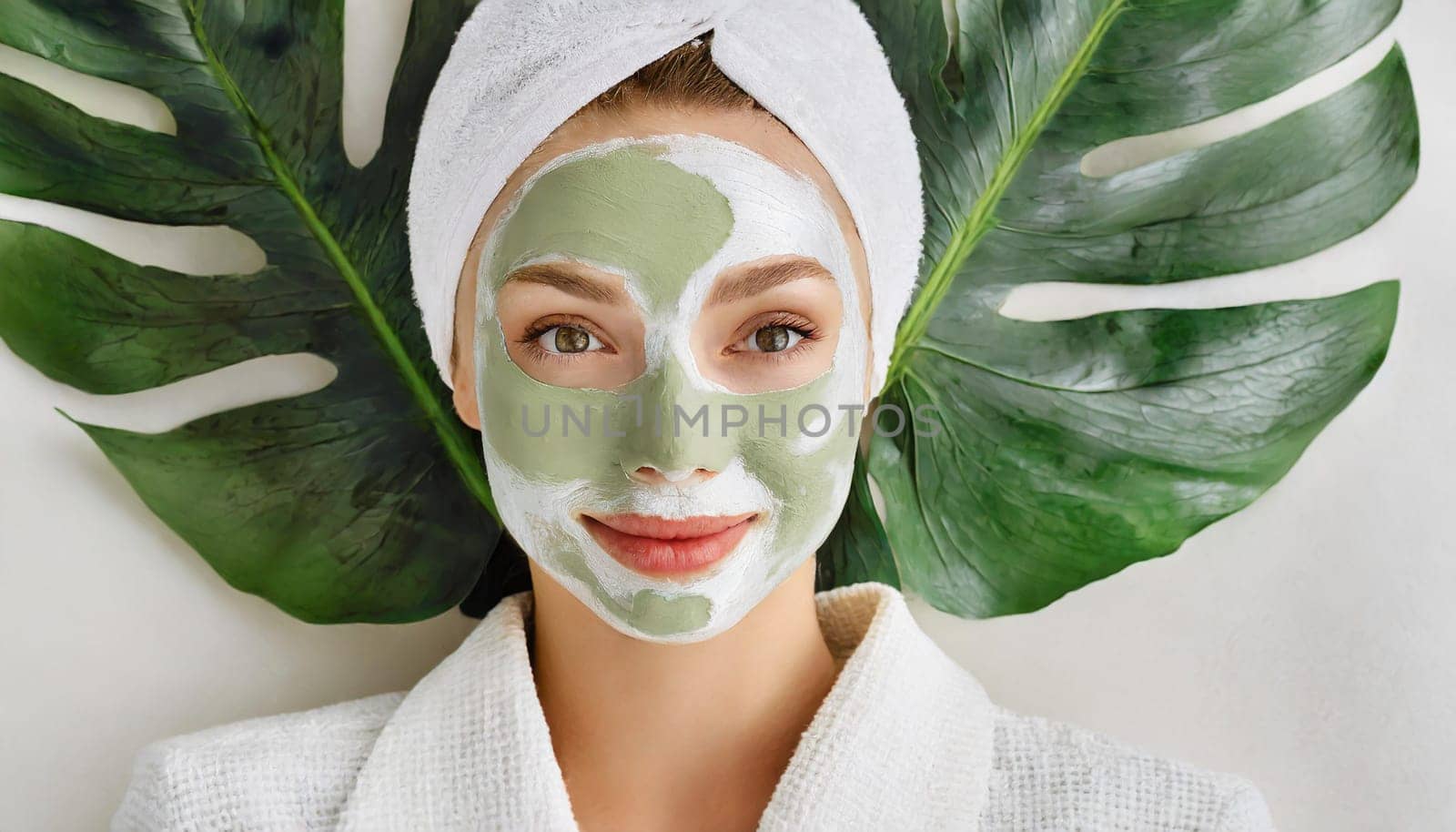 Skin care. Cheerful attractive caucasian female with clay mask on face and cucumber slices in hands against blue background getting beauty treatment. Spa concept with copy space