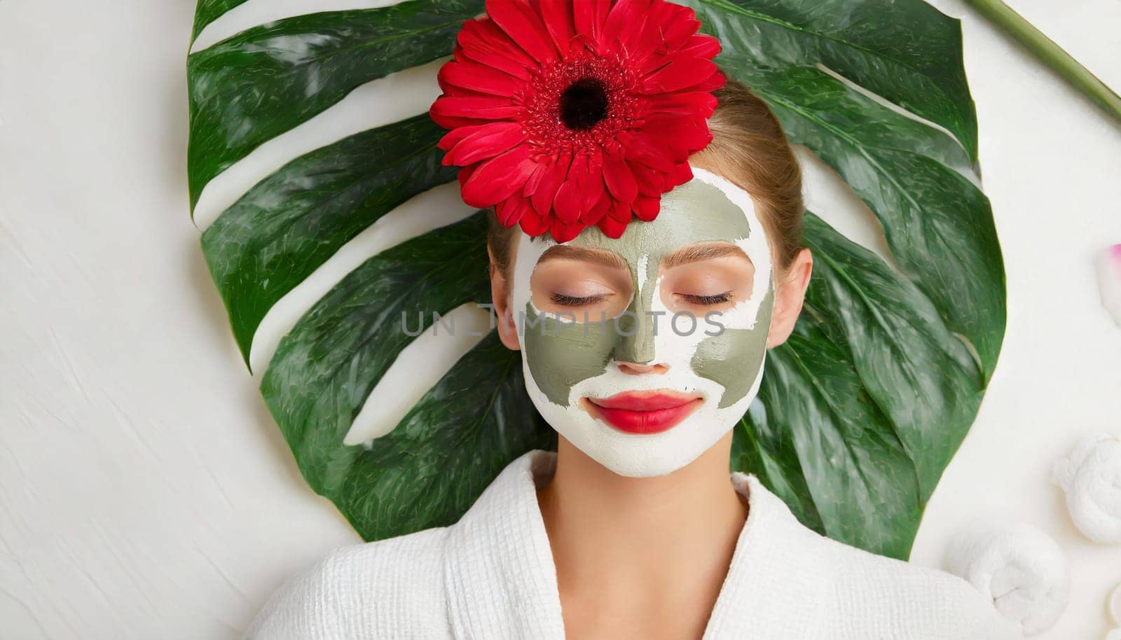Skin care. Cheerful attractive caucasian female with clay mask on face and cucumber slices in hands against blue background getting beauty treatment. Spa concept with copy space
