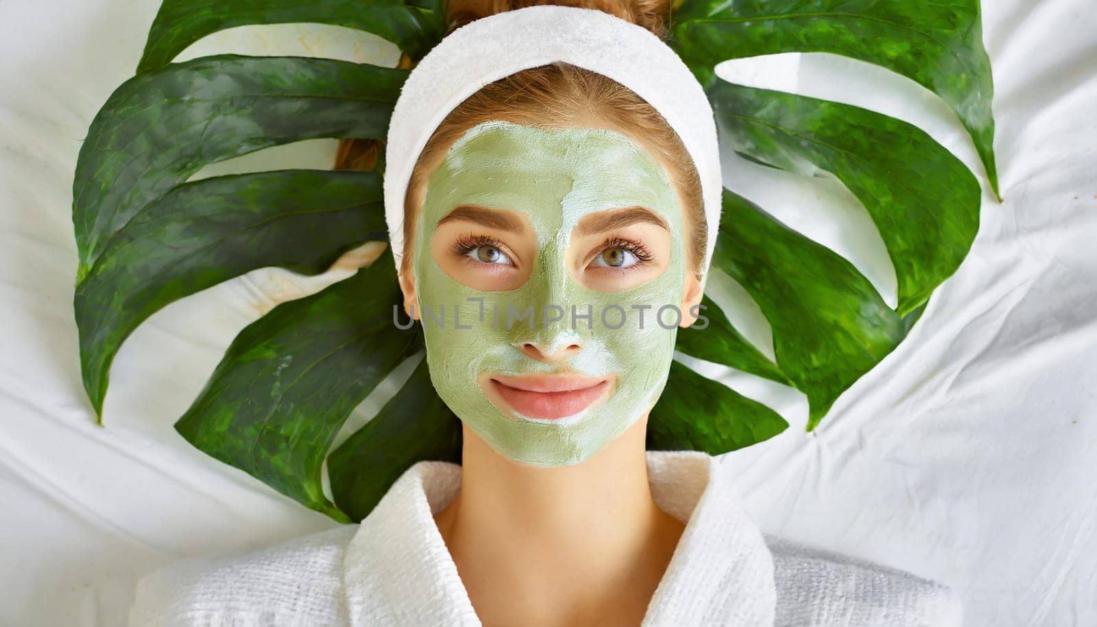 Skin care. Cheerful attractive caucasian female with clay mask on face and cucumber slices in hands against blue background getting beauty treatment. Spa concept with copy space