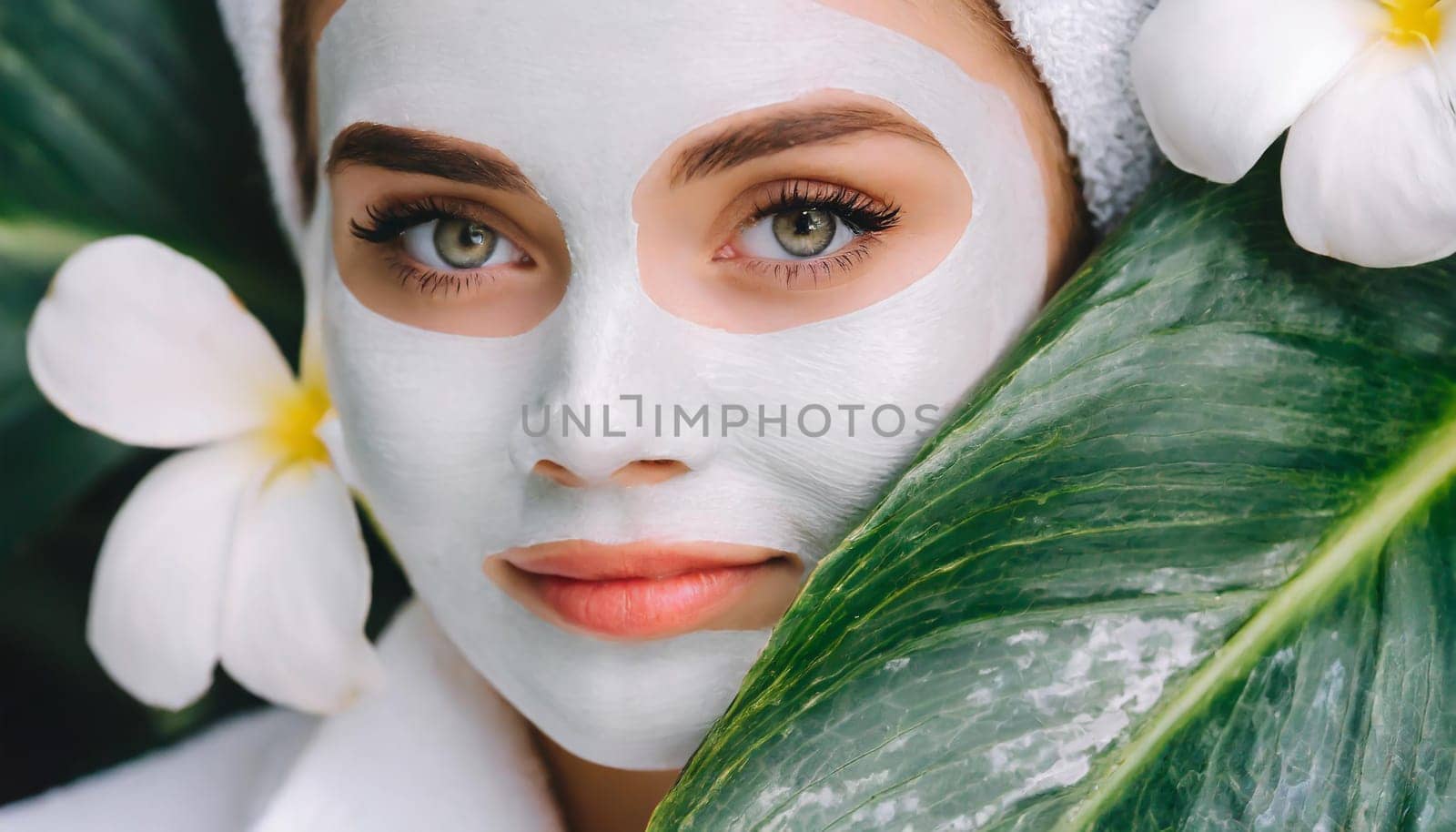 Skin care. Cheerful attractive caucasian female with clay mask on face and cucumber slices in hands against blue background getting beauty treatment. Spa concept with copy space