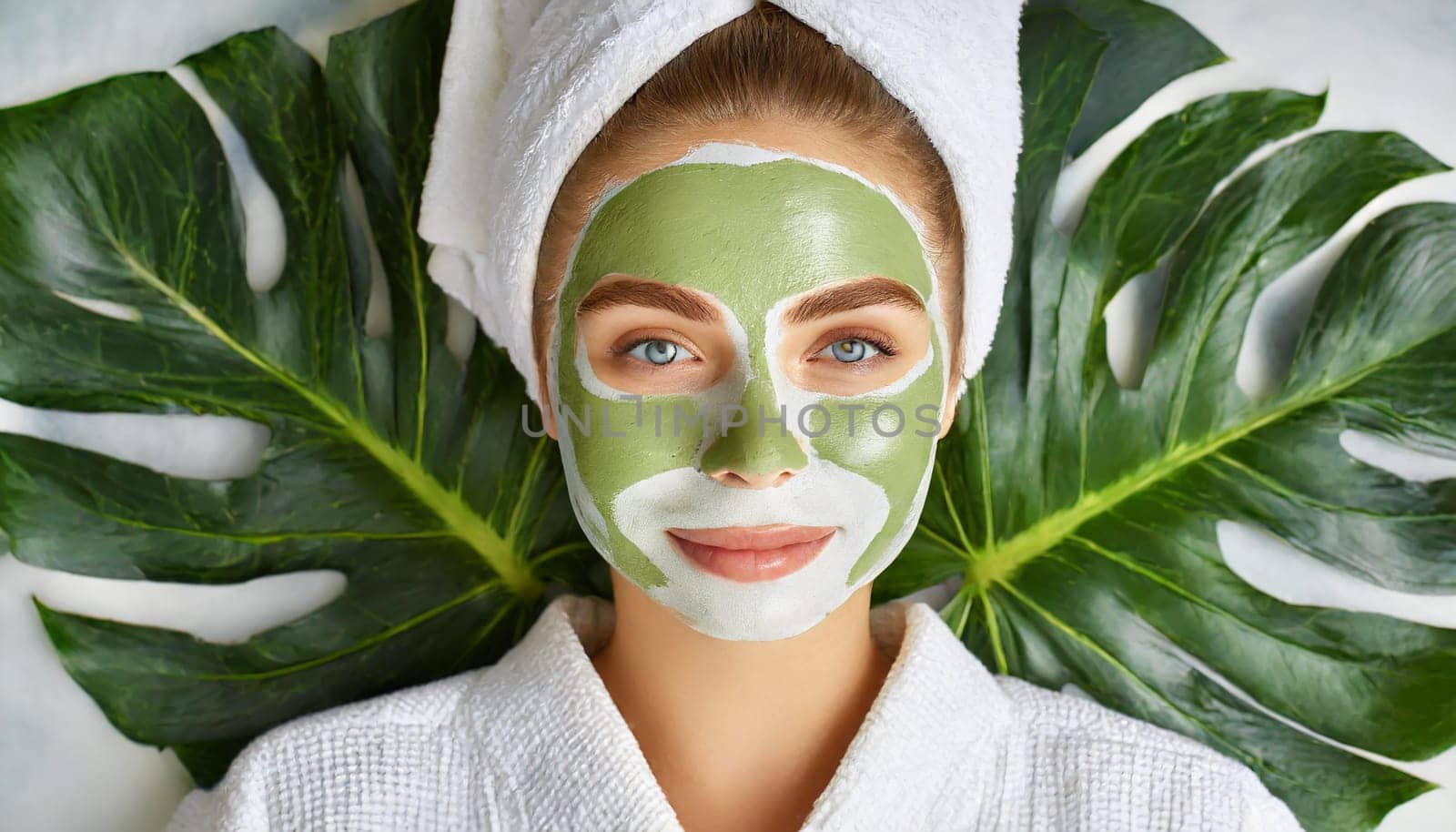 Skin care. Cheerful attractive caucasian female with clay mask on face and cucumber slices in hands against blue background getting beauty treatment. Spa concept with copy space