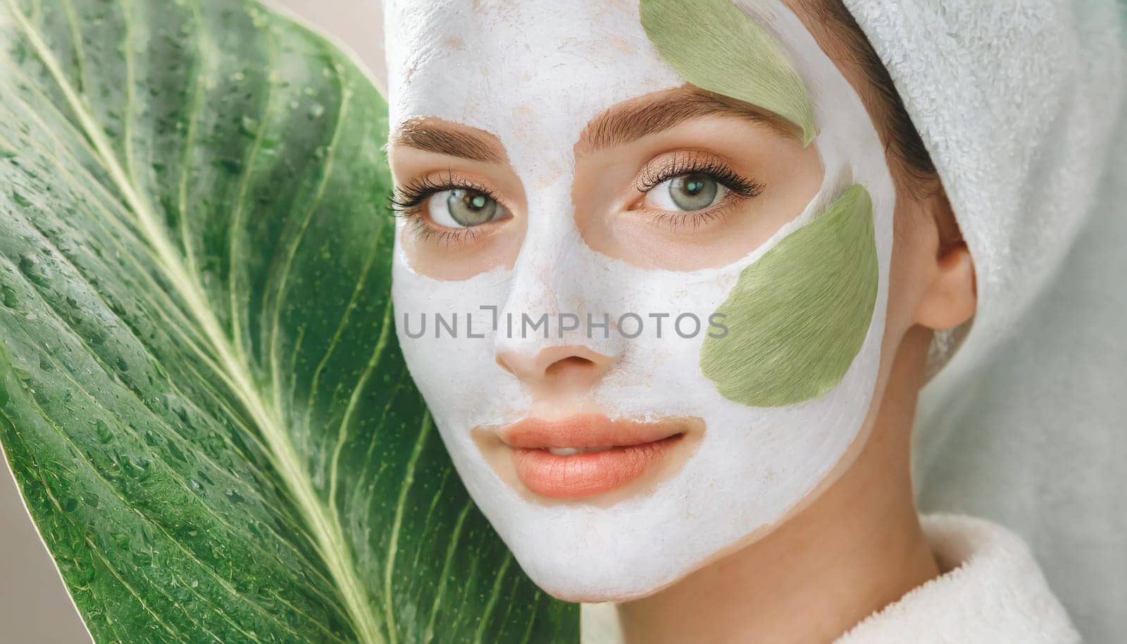 Skin care. Cheerful attractive caucasian female with clay mask on face and cucumber slices in hands against blue background getting beauty treatment. Spa concept with copy space