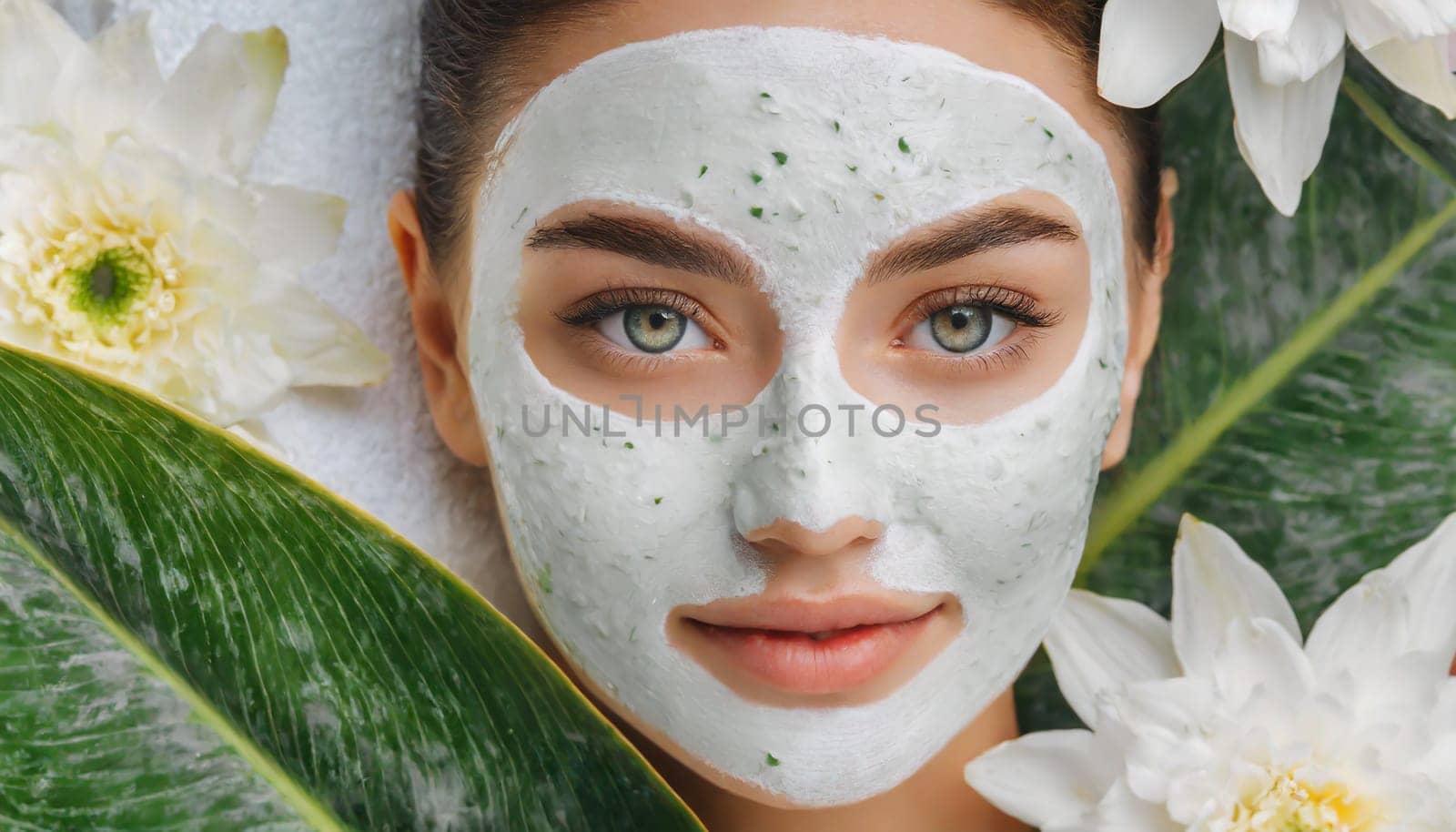 Skin care. Cheerful attractive caucasian female with clay mask on face and cucumber slices in hands against blue background getting beauty treatment. Spa concept with copy space