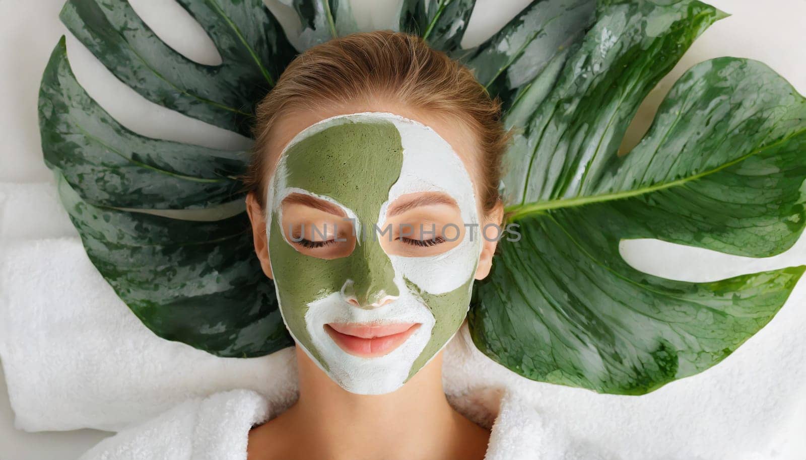 Skin care. Cheerful attractive caucasian female with clay mask on face and cucumber slices in hands against blue background getting beauty treatment. Spa concept with copy space