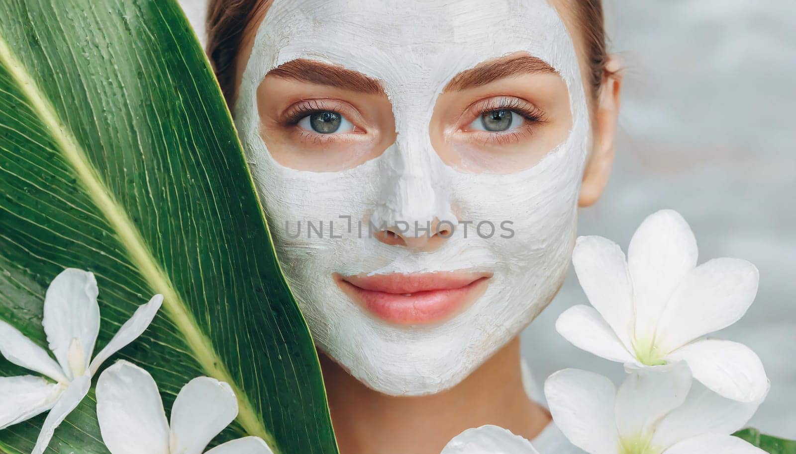 Skin care. Cheerful attractive caucasian female with clay mask on face and cucumber slices in hands against blue background getting beauty treatment. Spa concept with copy space