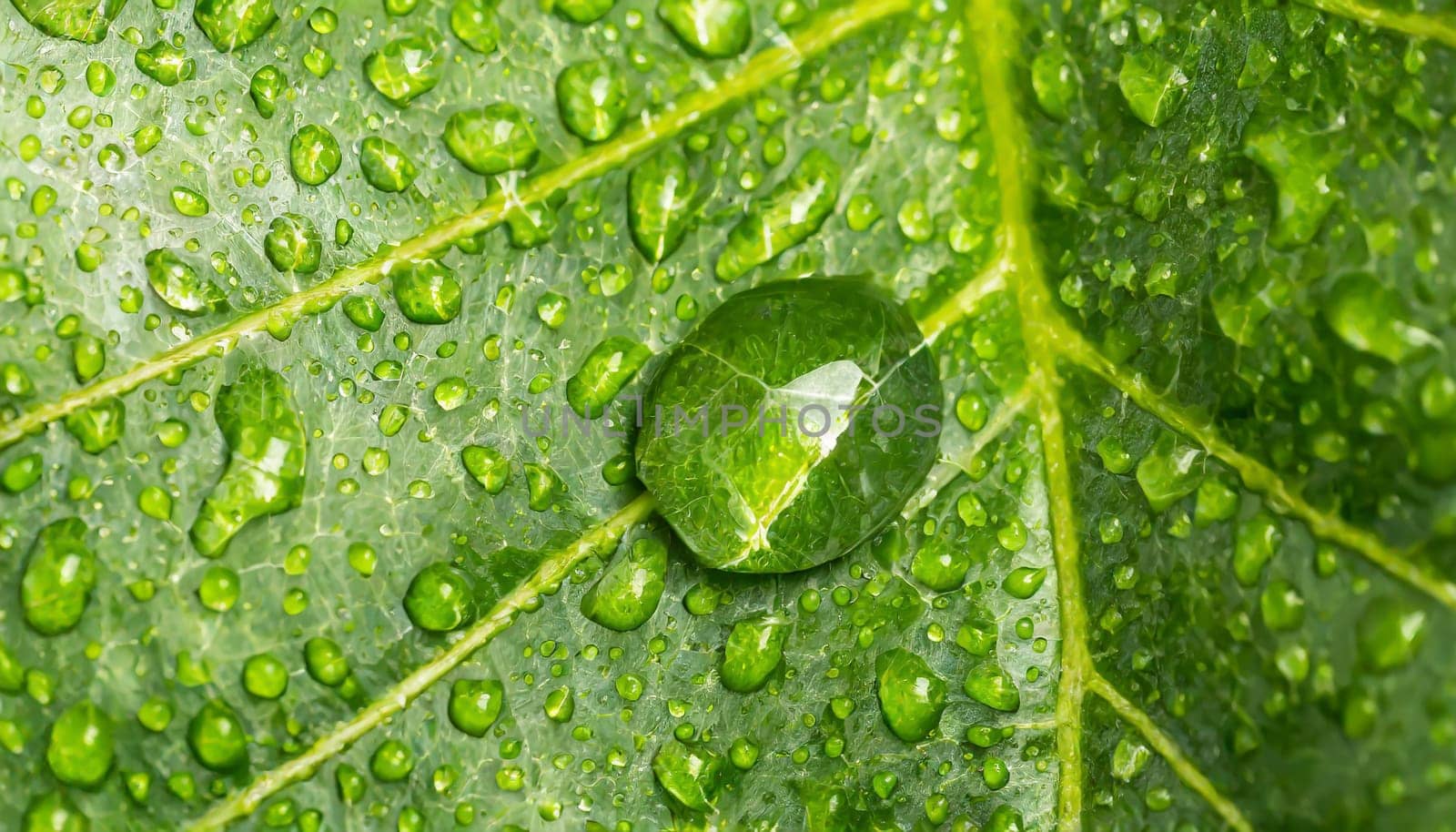 Close-up of green plant leaf one drop of rain, image for nature background