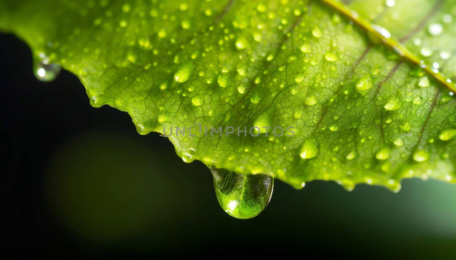 Close-up of green plant leaf one drop of rain, image for nature background