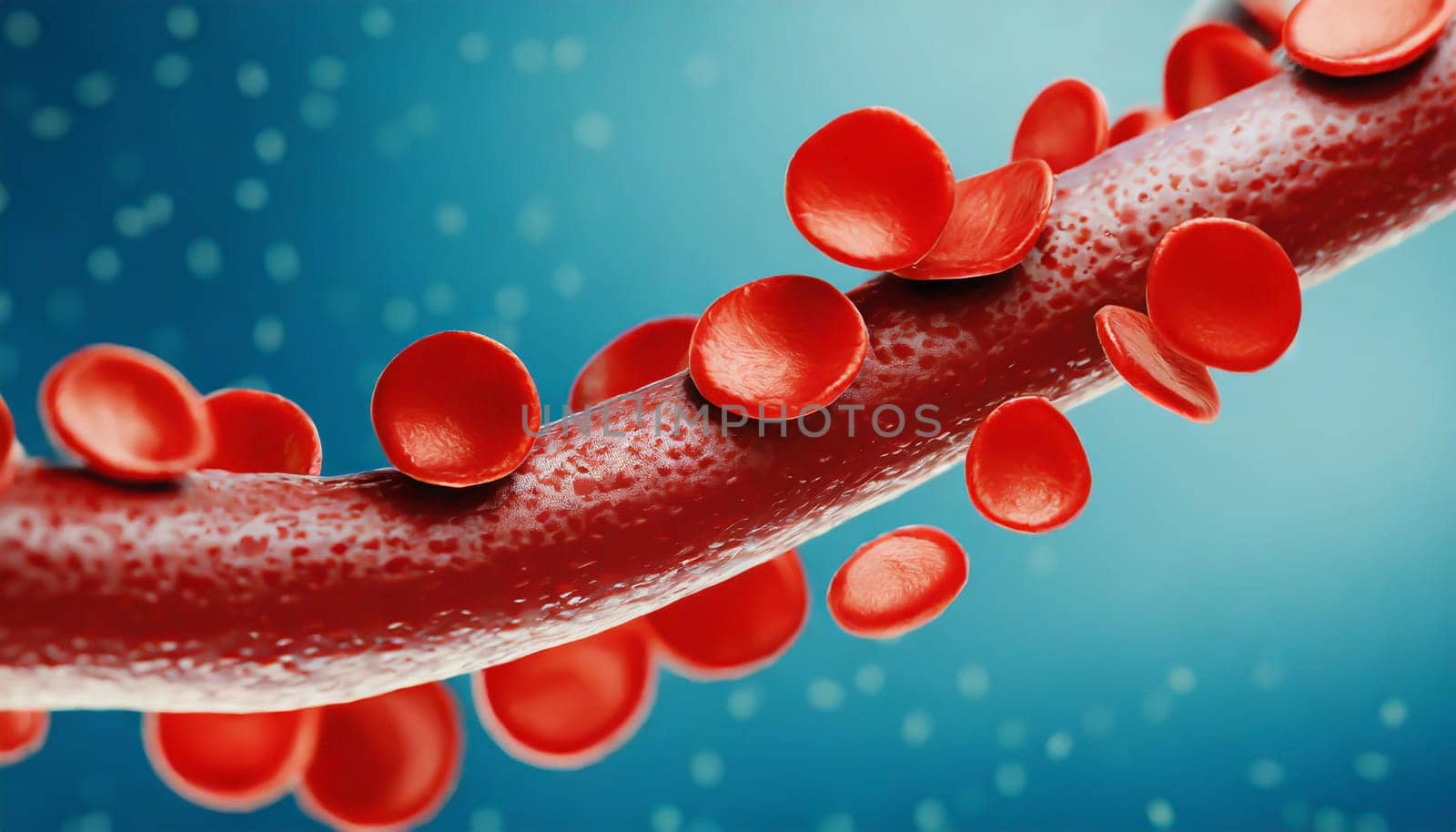 Close-up of red blood cells flowing in a blood vessel. Research concept.