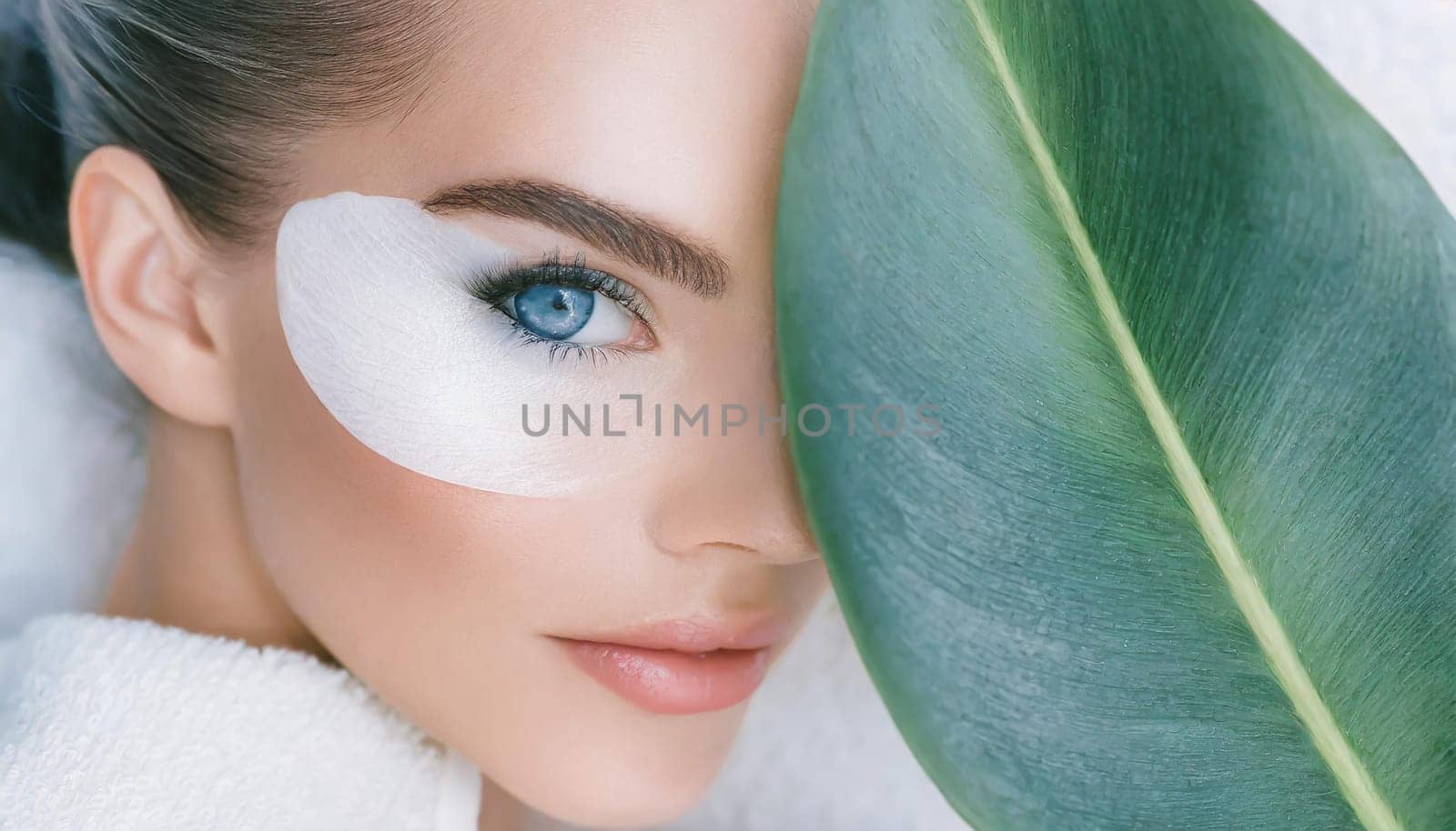Skincare, mask for eyes and face of woman on blue background for wellness, cosmetics and facial treatment. Beauty, luxury spa and girl relax with eye pads for dermatology, healthy skin and self care