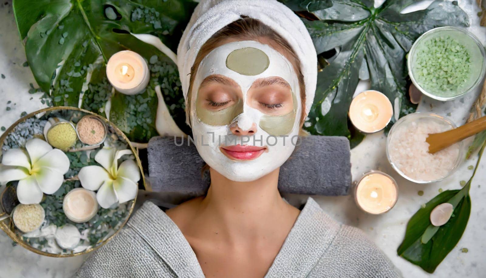 Skincare, mask for eyes and face of woman on blue background for wellness, cosmetics and facial treatment. Beauty, luxury spa and girl relax with eye pads for dermatology, healthy skin and self care