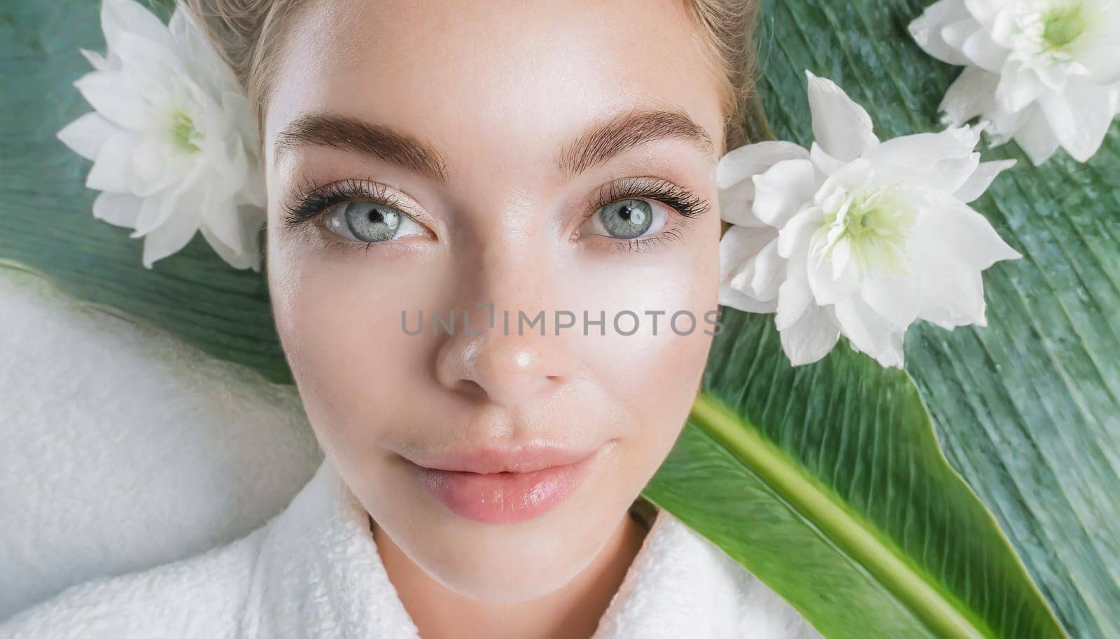 Portrait of beautiful woman with healthy glow perfect smooth skin holds tropical leaf, look into the hole of green paper. Young girl enjoys cream facial mask. Fashion, beauty, skincare concept.