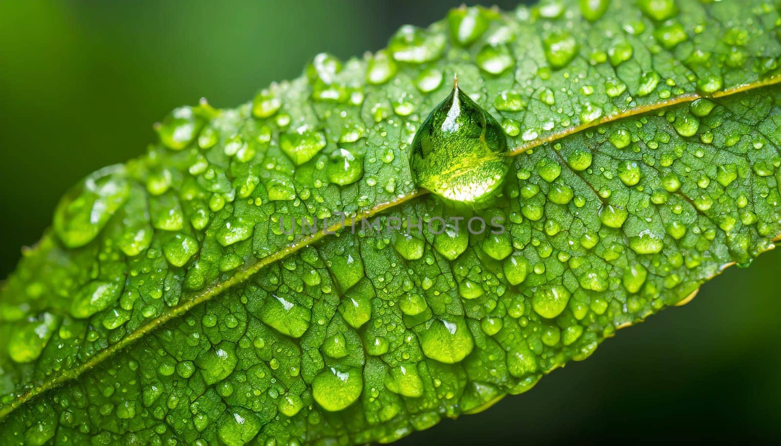 Close-up of green plant leaf one drop of rain, image for nature background