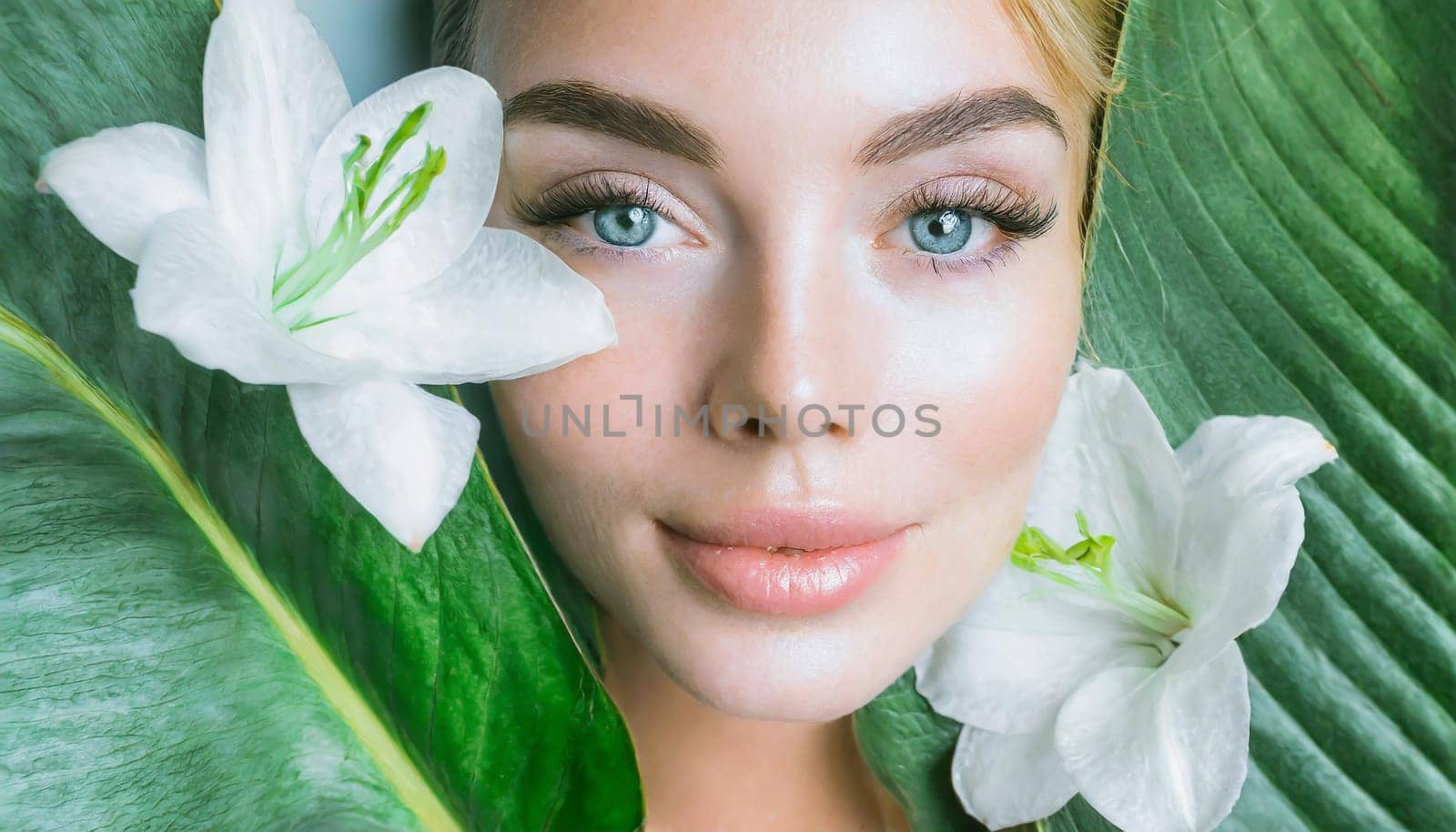 Portrait of beautiful woman with healthy glow perfect smooth skin holds tropical leaf, look into the hole of green paper. Young girl enjoys cream facial mask. Fashion, beauty, skincare concept.