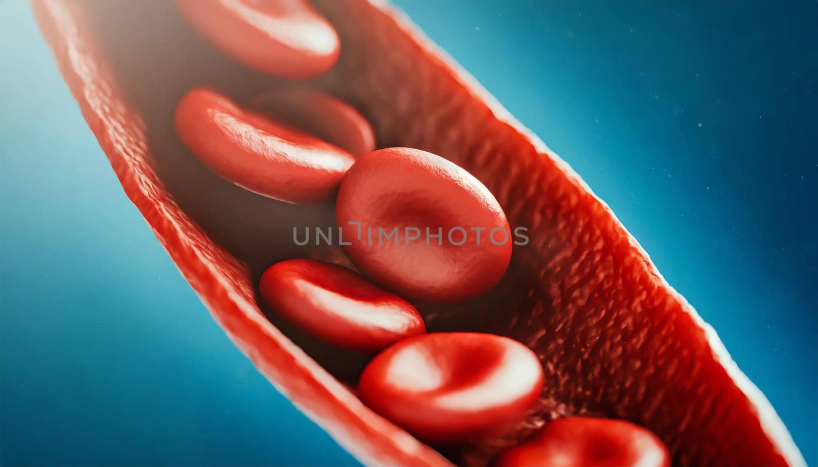 Close-up of red blood cells flowing in a blood vessel. Research concept.
