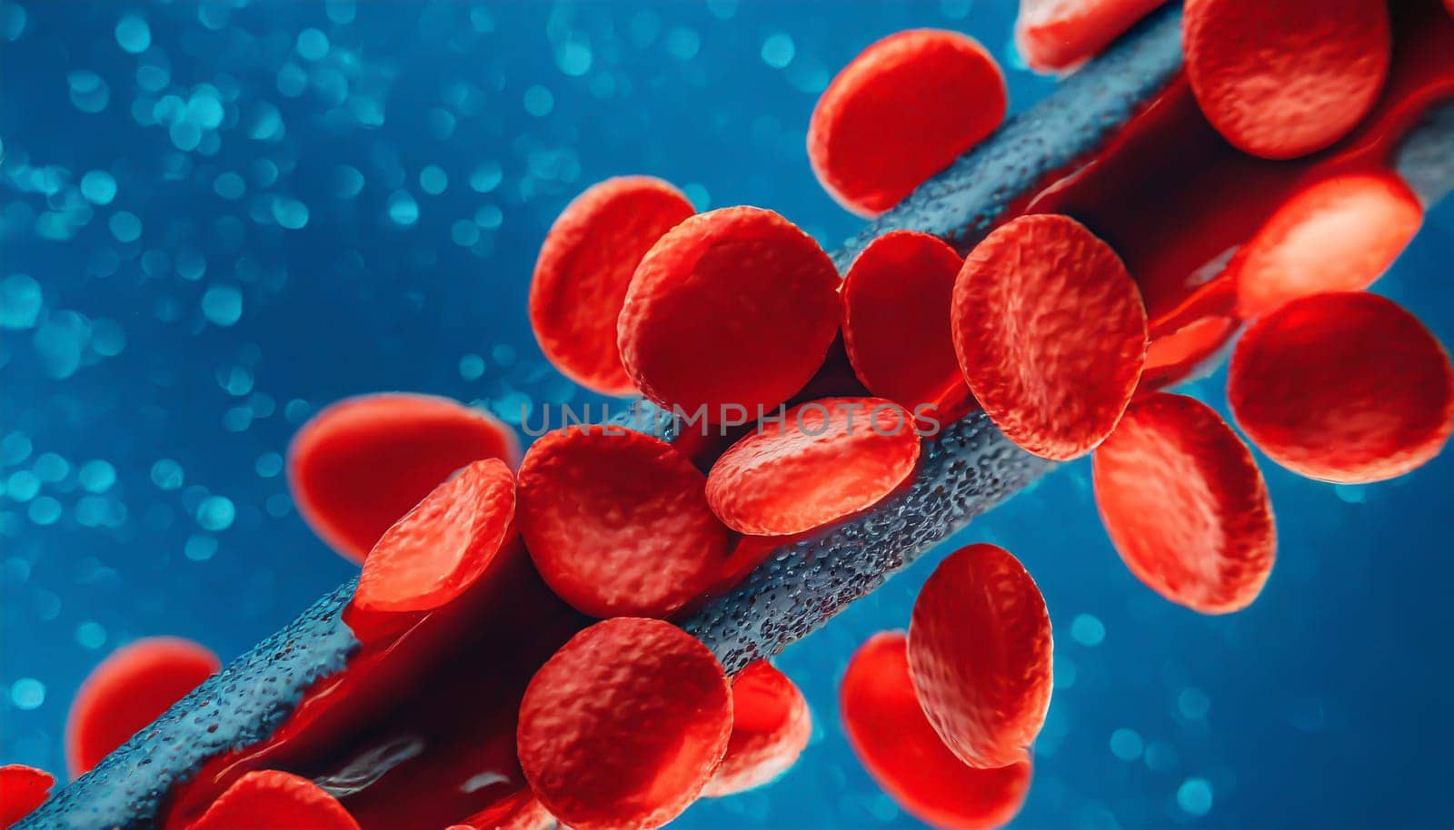 Close-up of red blood cells flowing in a blood vessel. Research concept.