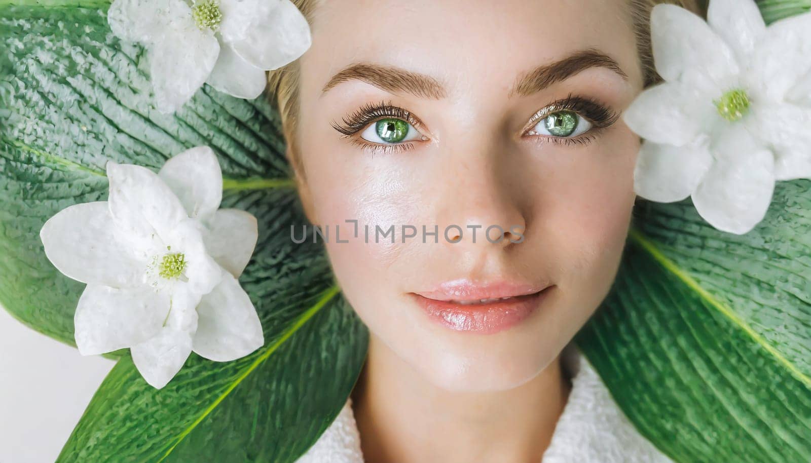 Portrait of beautiful woman with healthy glow perfect smooth skin holds tropical leaf, look into the hole of green paper. Young girl enjoys cream facial mask. Fashion, beauty, skincare concept.