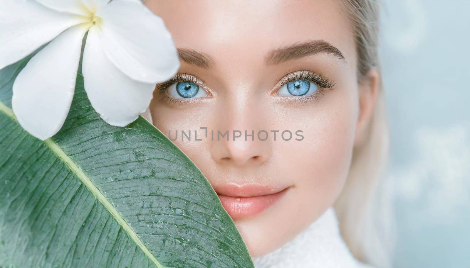 Skincare, mask for eyes and face of woman on blue background for wellness, cosmetics and facial treatment. Beauty, luxury spa and girl relax with eye pads for dermatology, healthy skin and self care