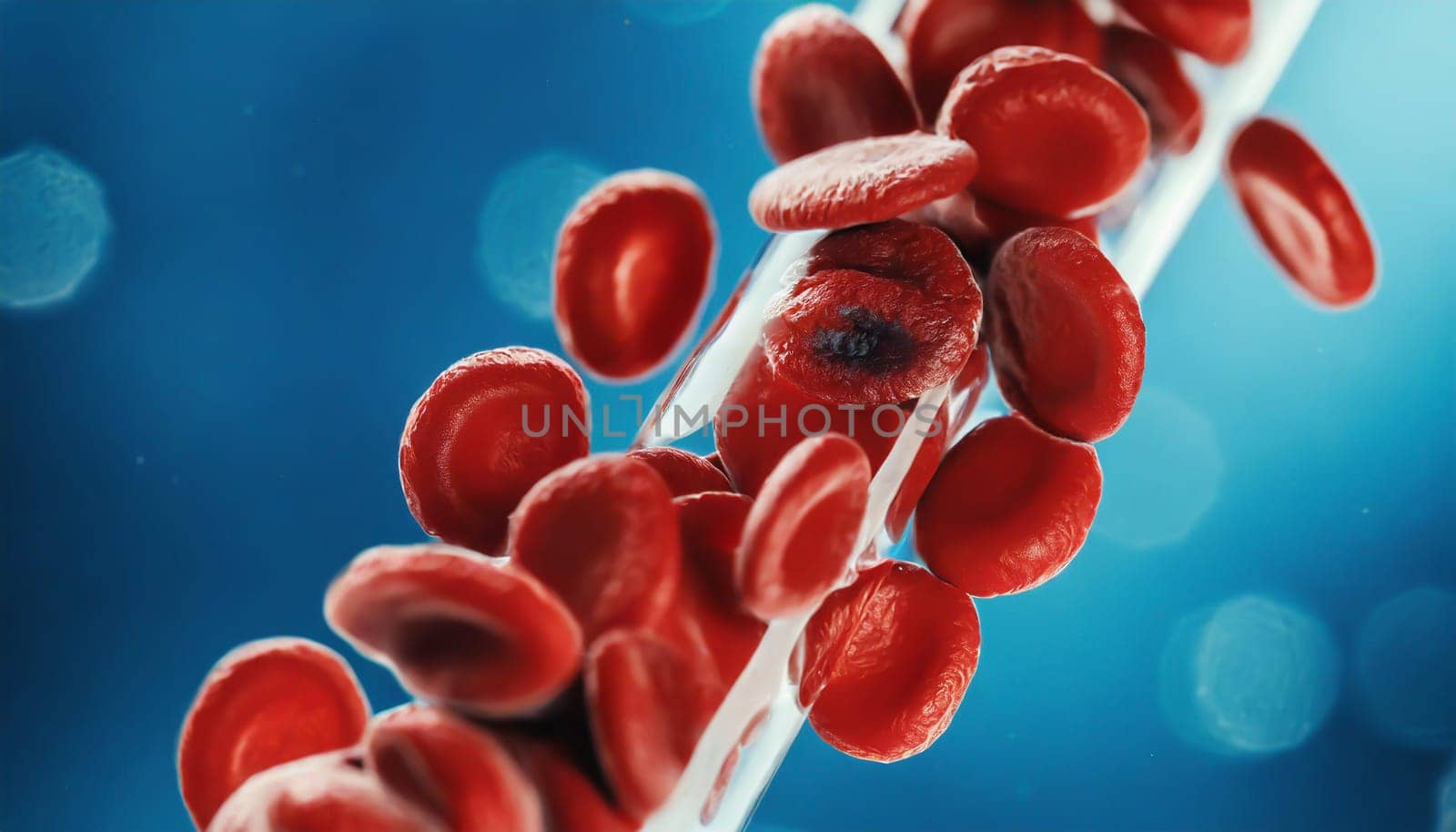 Close-up of red blood cells flowing in a blood vessel. Research concept.
