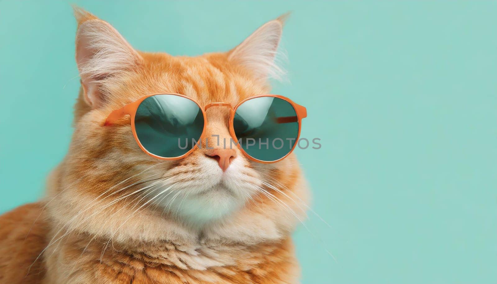 Closeup portrait of funny ginger cat wearing sunglasses isolated on light cyan. Copyspace.