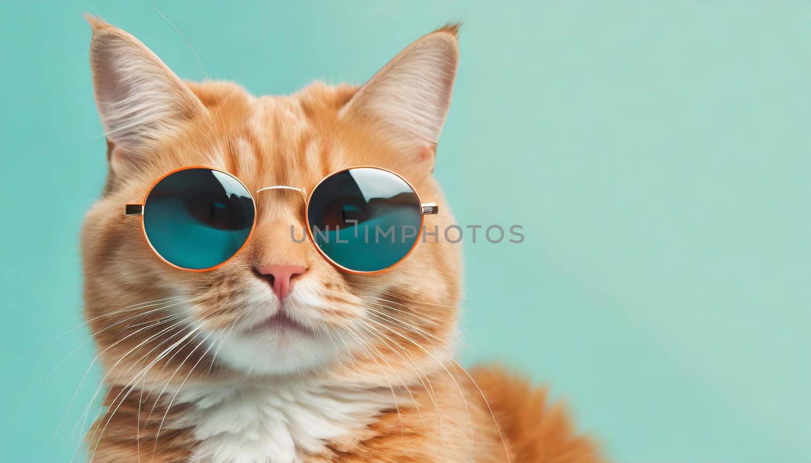 Closeup portrait of funny ginger cat wearing sunglasses isolated on light cyan. Copyspace.