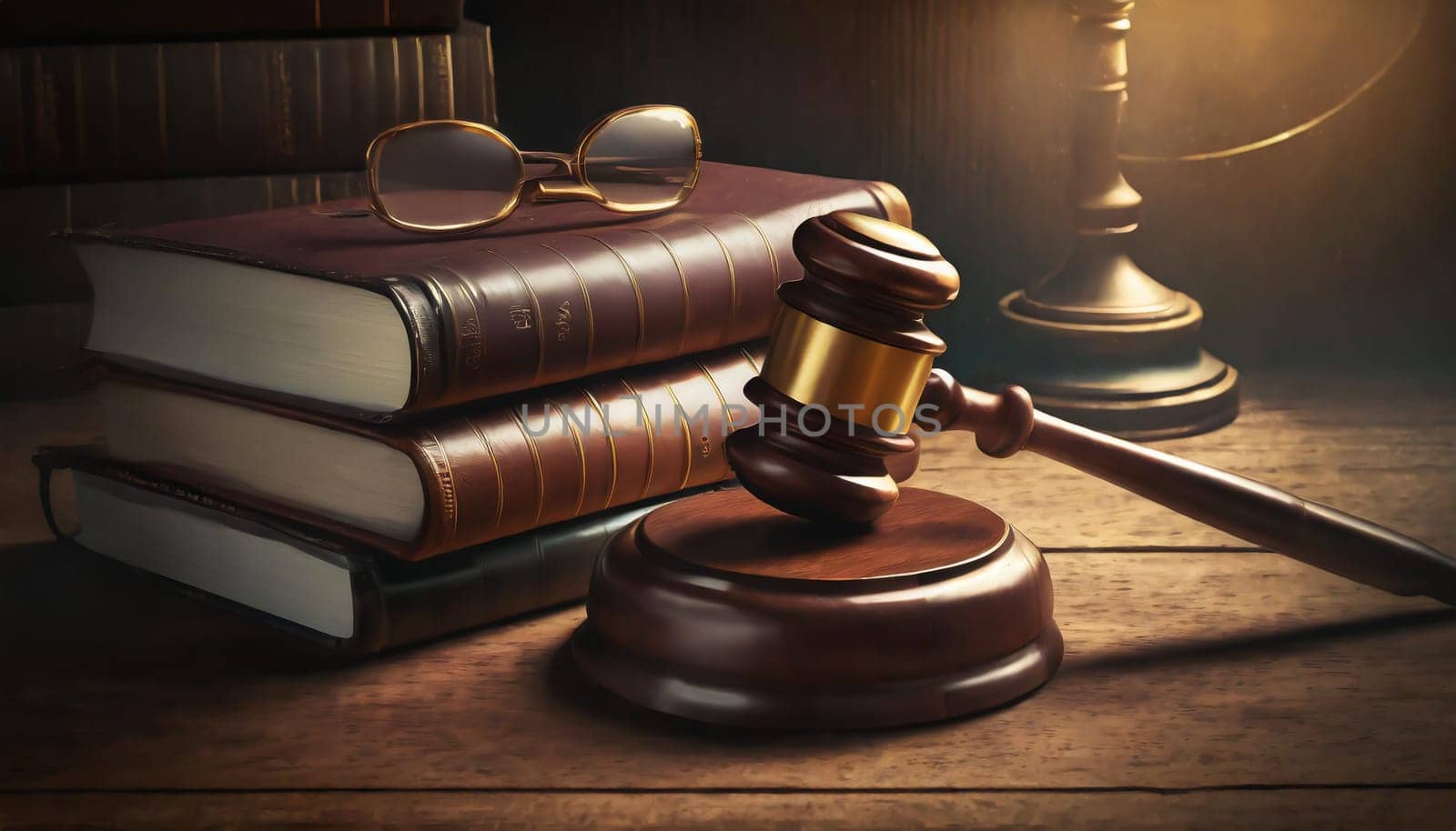 Wooden gavel and books on wooden table, law concept