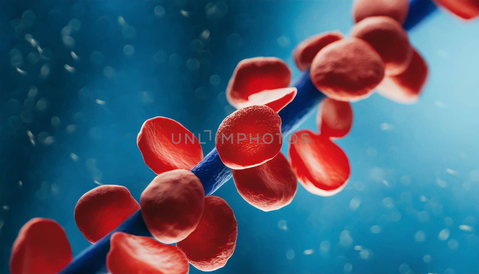 Close-up of red blood cells flowing in a blood vessel. Research concept.