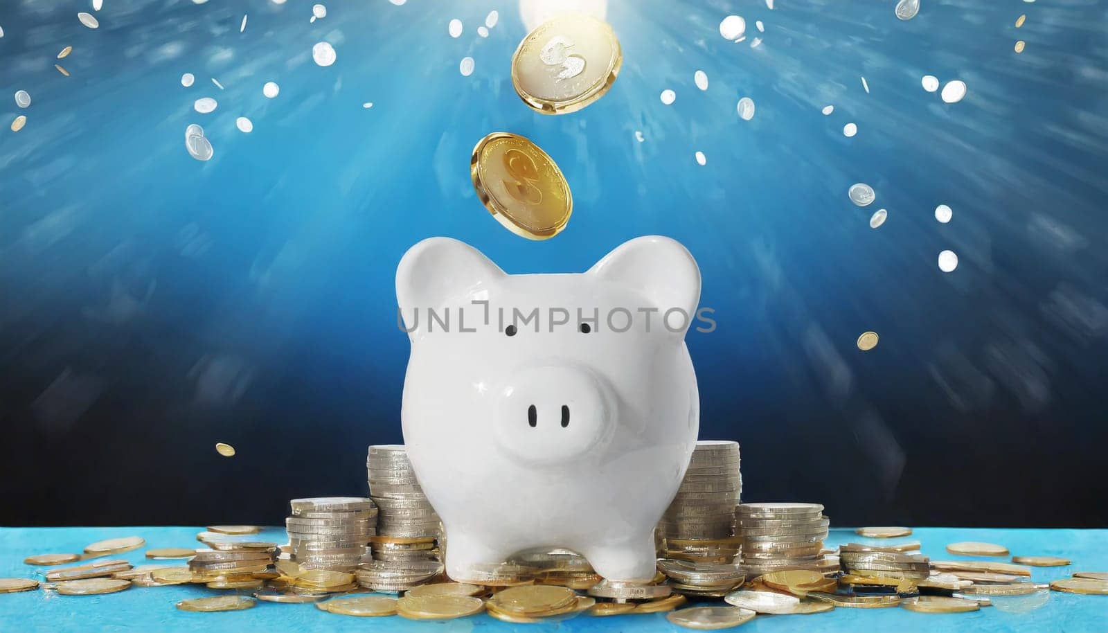 Coins falling to white piggy saving , Financial and money deposit concept.