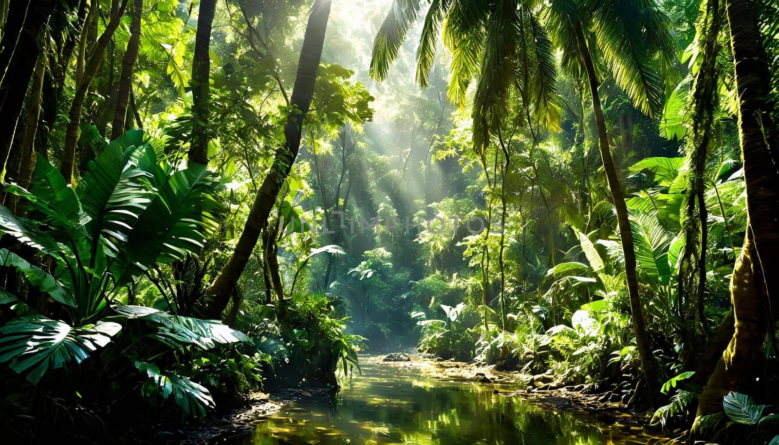 Deep tropical jungles. Dark rainforest, sun rays through the trees, rich jungle greenery.