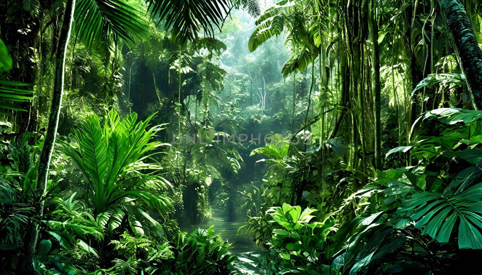 Deep tropical jungles. Dark rainforest, sun rays through the trees, rich jungle greenery.
