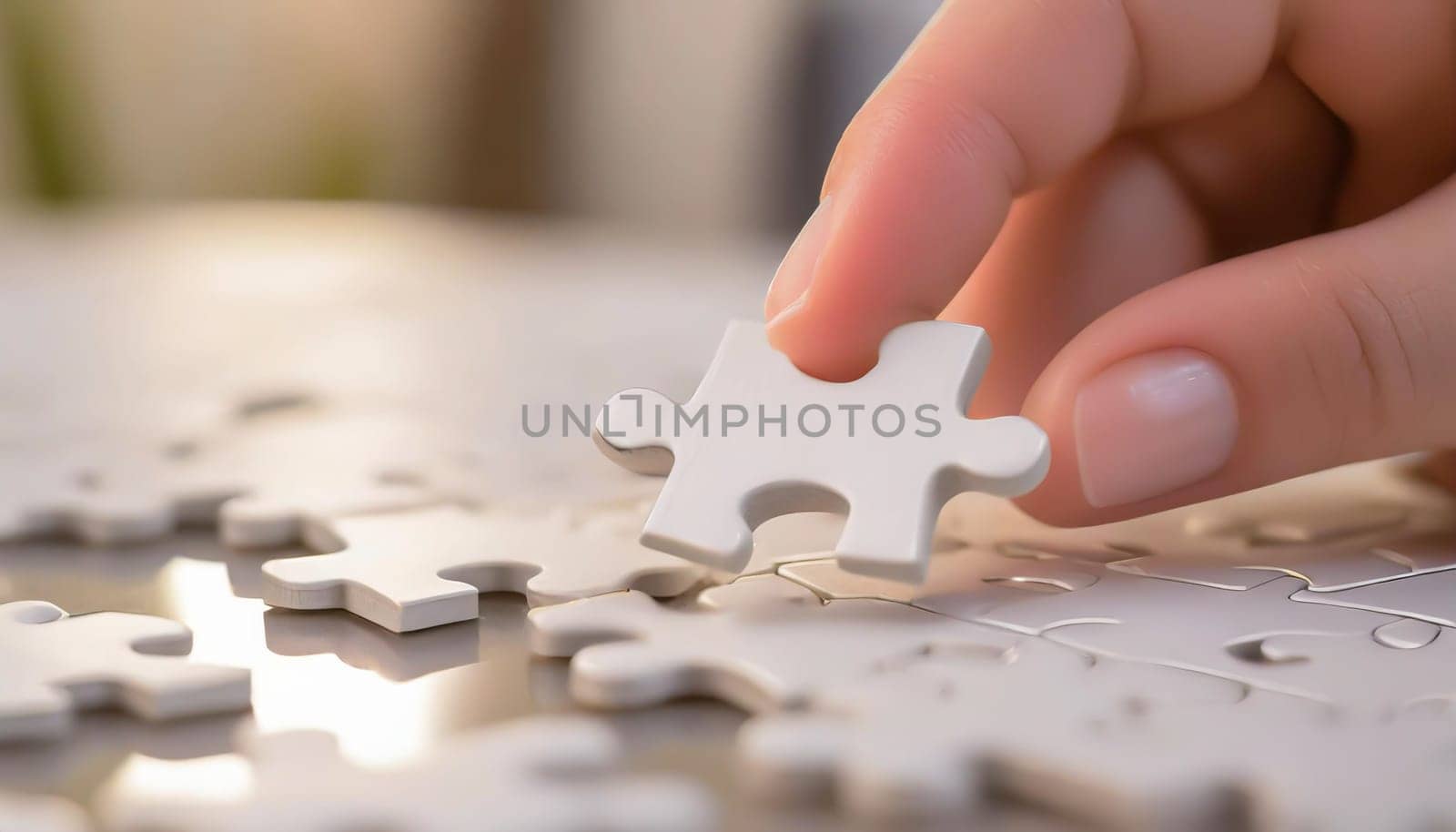 Company employees playing game and joining pieces of jigsaw puzzle during team building activity