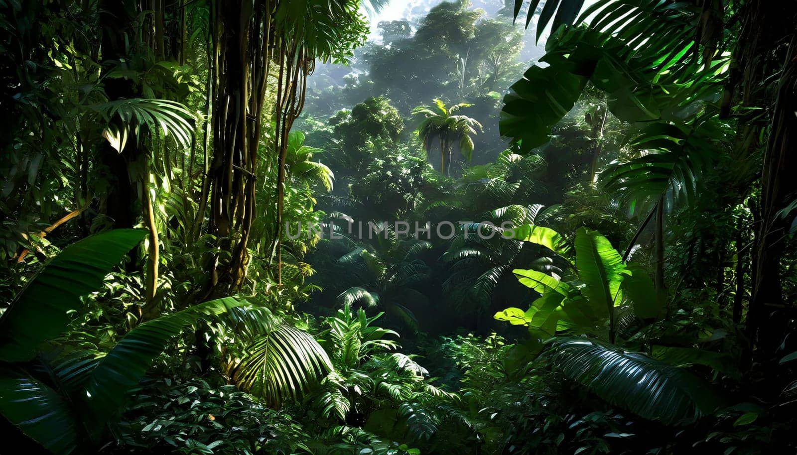 Deep tropical jungles. Dark rainforest, sun rays through the trees, rich jungle greenery.