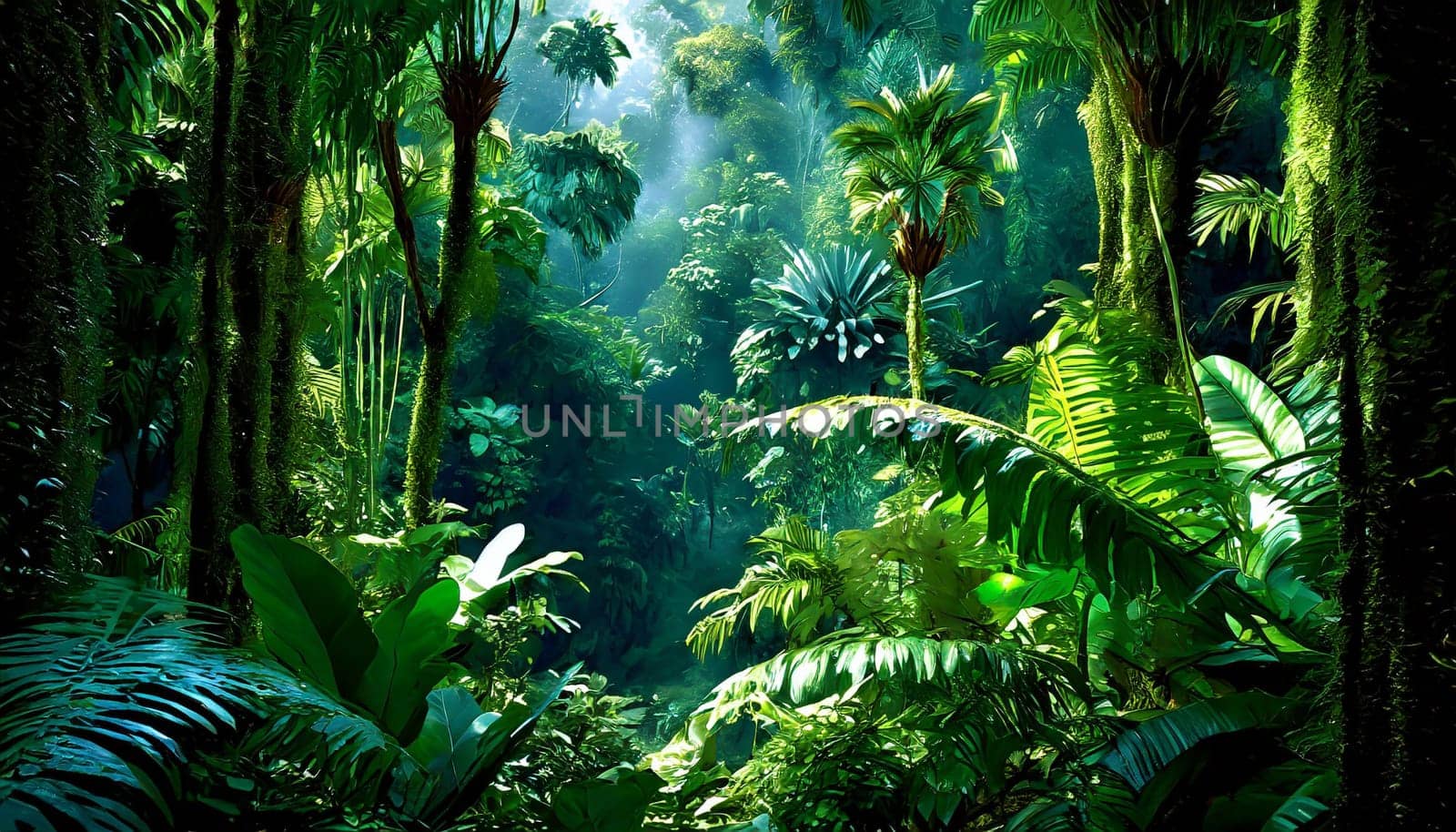 Deep tropical jungles. Dark rainforest, sun rays through the trees, rich jungle greenery.