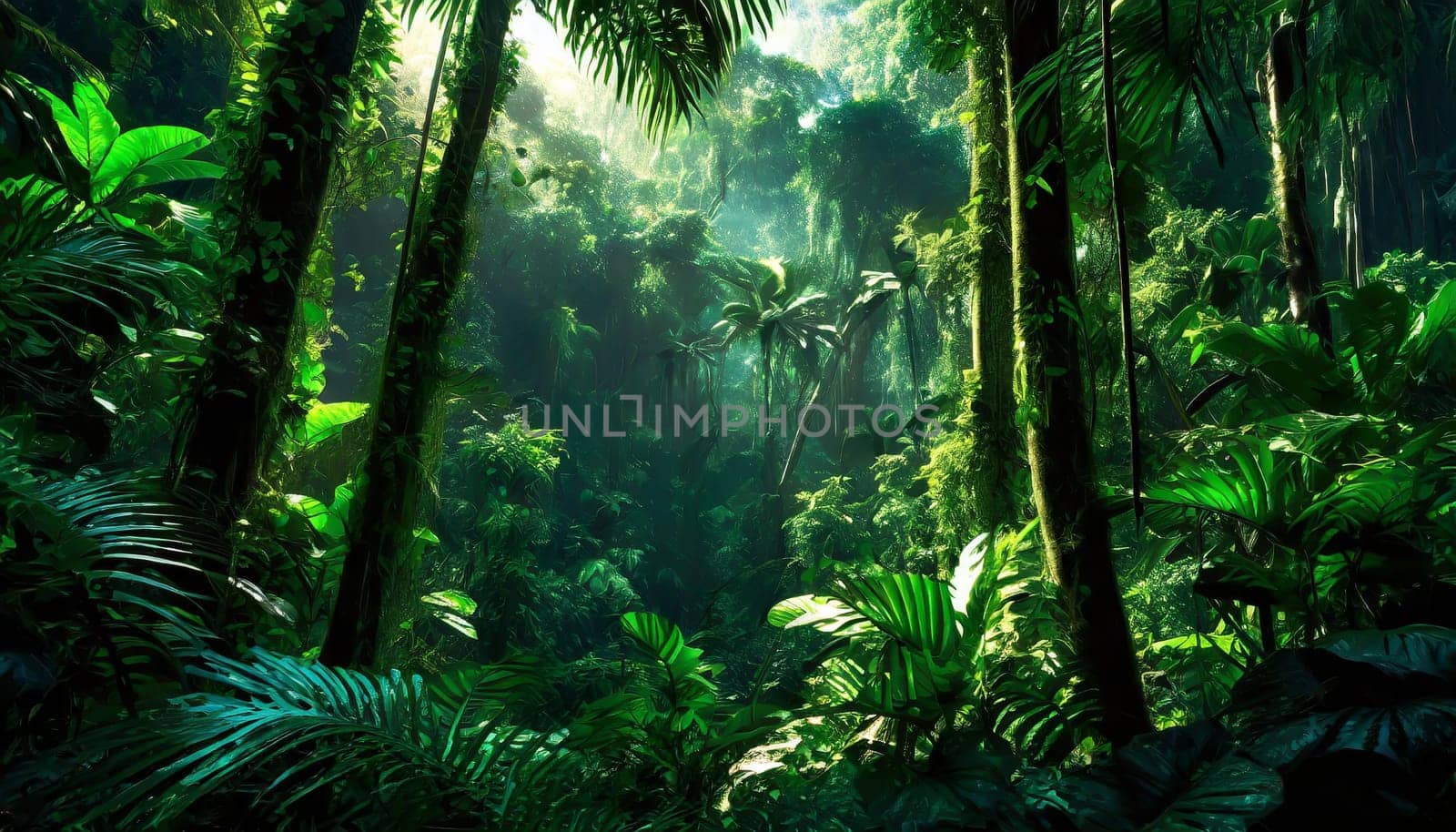 Deep tropical jungles. Dark rainforest, sun rays through the trees, rich jungle greenery.