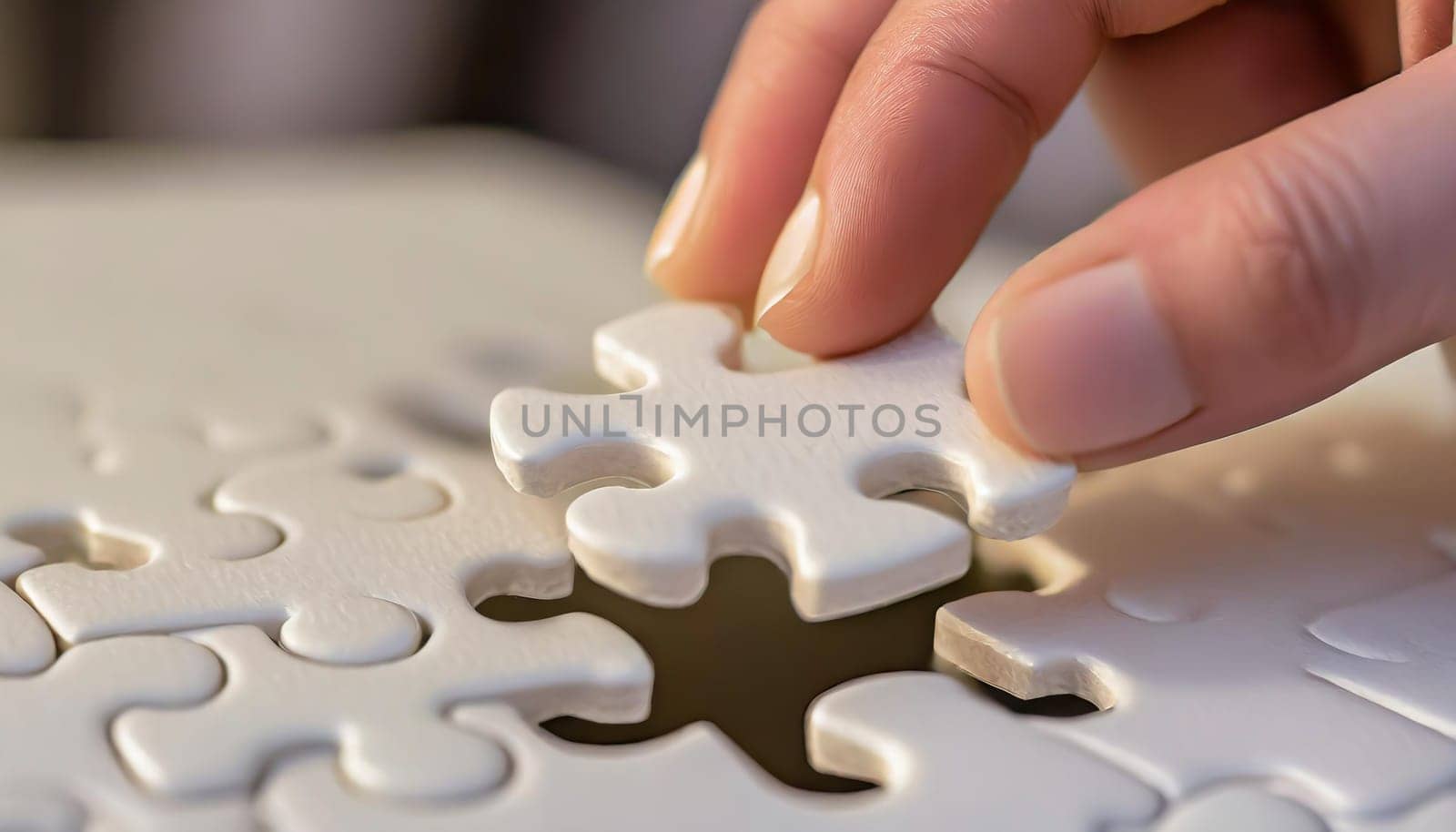 Company employees playing game and joining pieces of jigsaw puzzle during team building activity