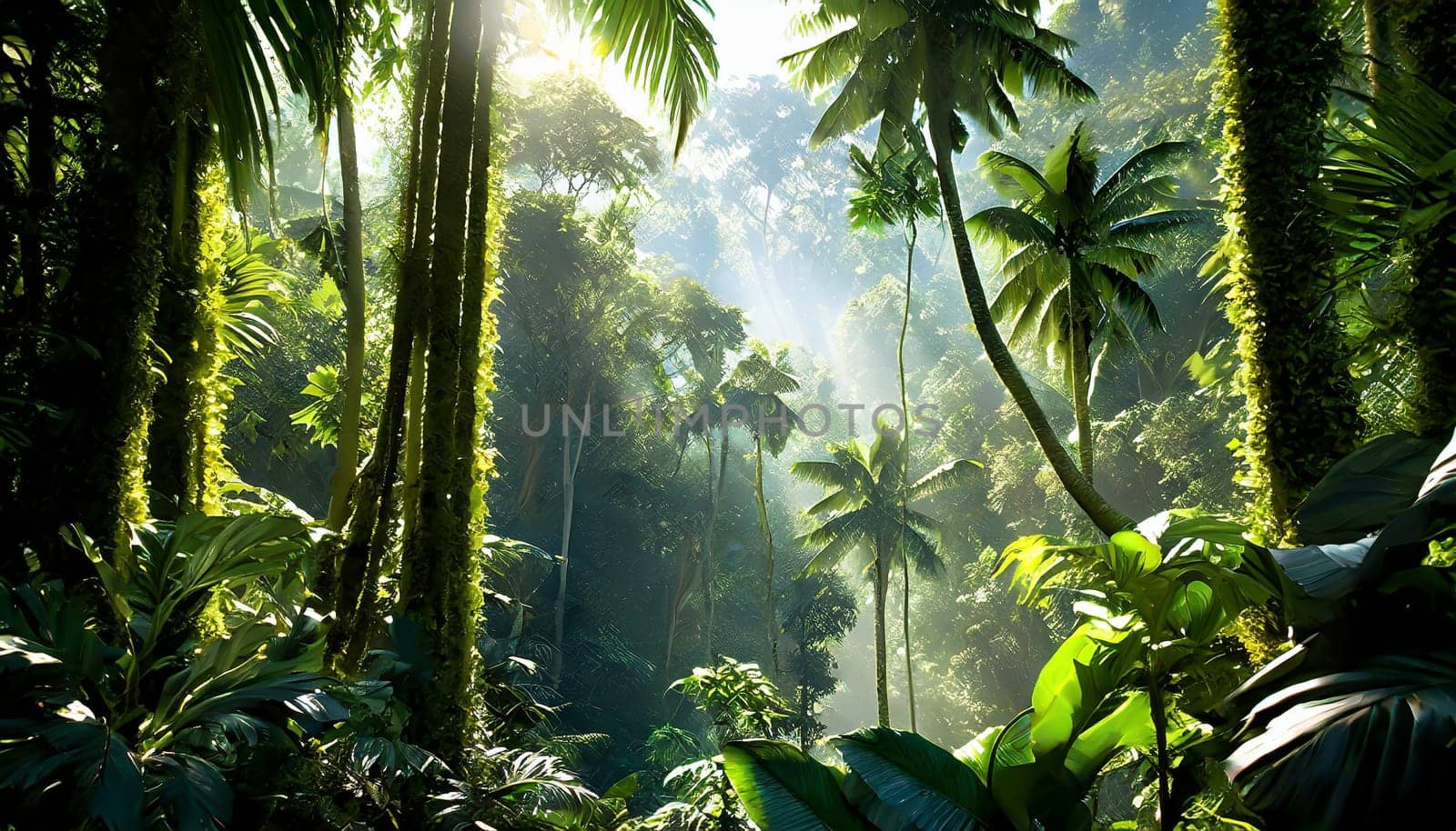 Deep tropical jungles. Dark rainforest, sun rays through the trees, rich jungle greenery.