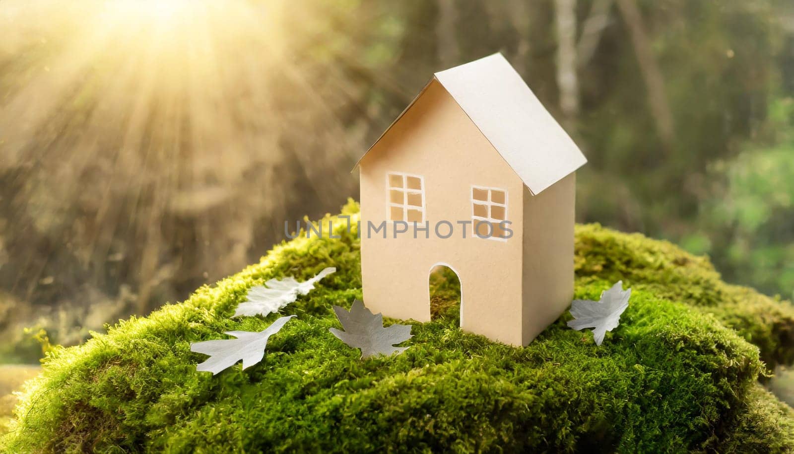 Eco house. Green and environmentally friendly housing concept. Miniature wooden house in spring grass, moss and ferns on a sunny day