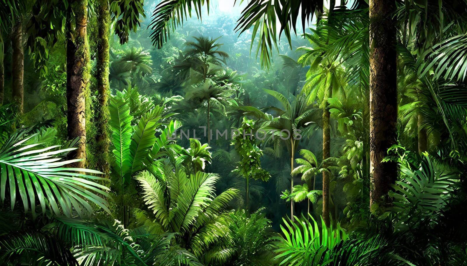 Deep tropical jungles. Dark rainforest, sun rays through the trees, rich jungle greenery.