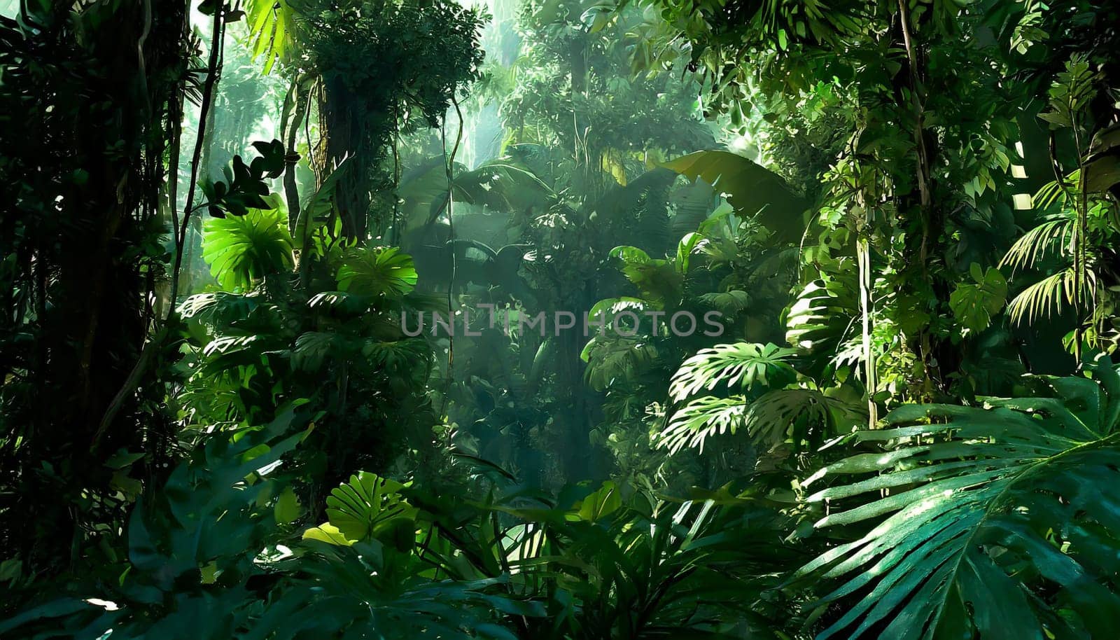 Deep tropical jungles. Dark rainforest, sun rays through the trees, rich jungle greenery.