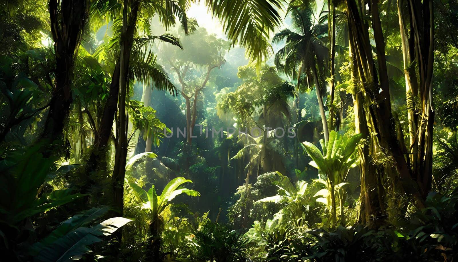 Deep tropical jungles. Dark rainforest, sun rays through the trees, rich jungle greenery.