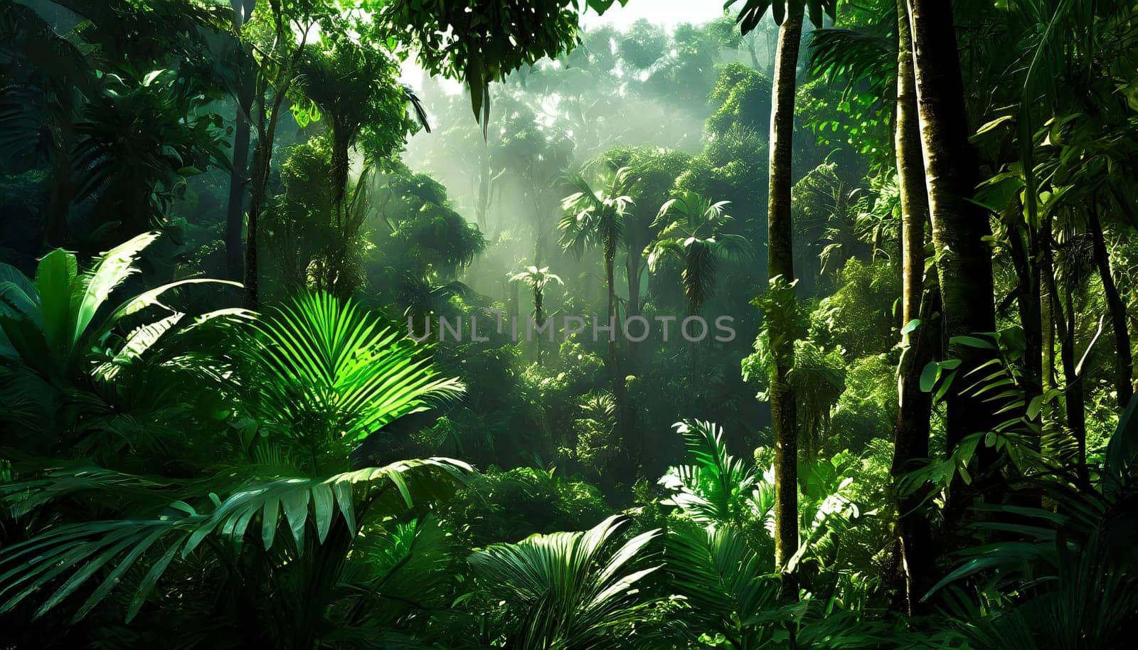 Deep tropical jungles. Dark rainforest, sun rays through the trees, rich jungle greenery.
